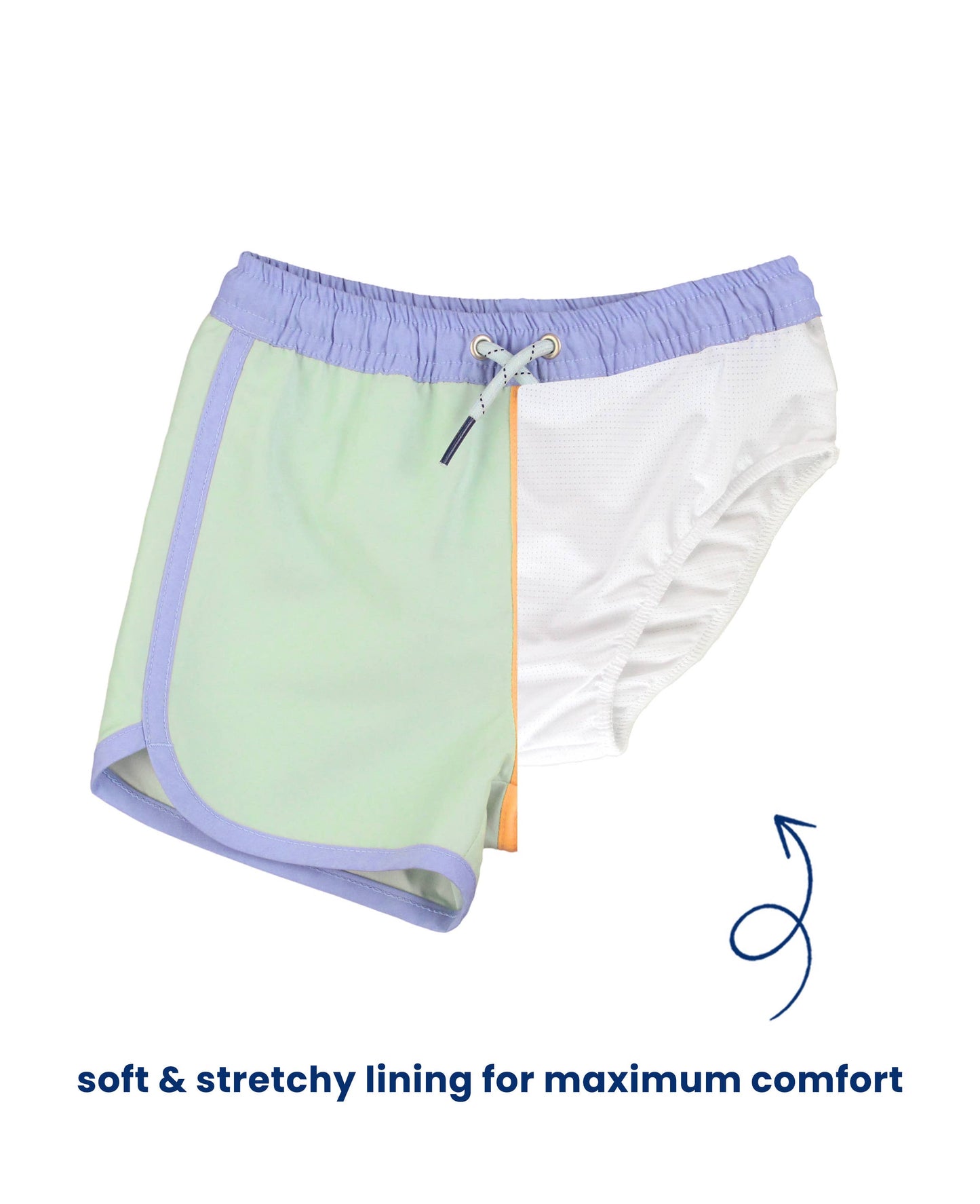 Boys Periwinkle, Frost Green, and Ginger Color Block Dolphin Hem Swim Trunks