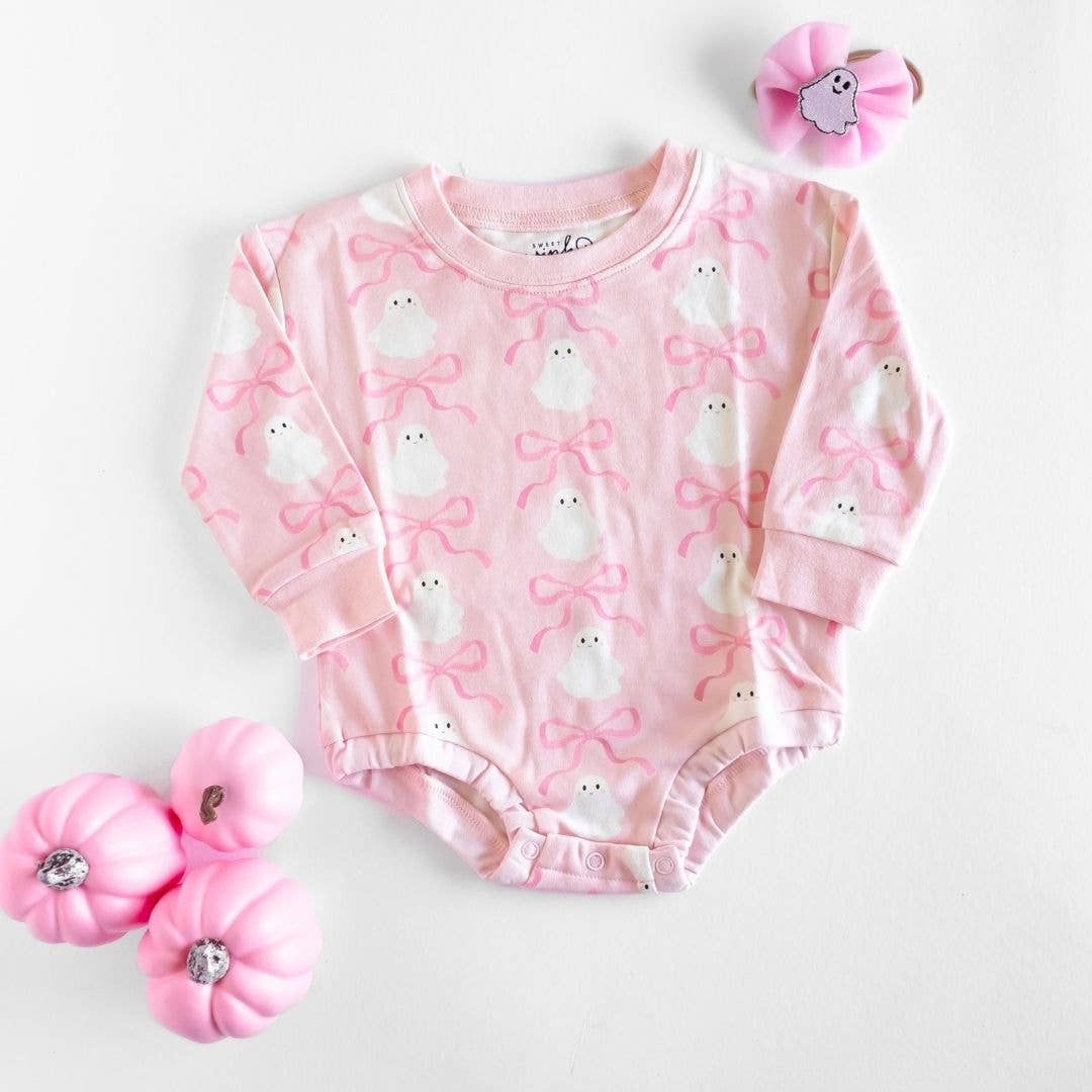 Coquette Ghost Halloween Long Sleeve Romper - Pink - Baby