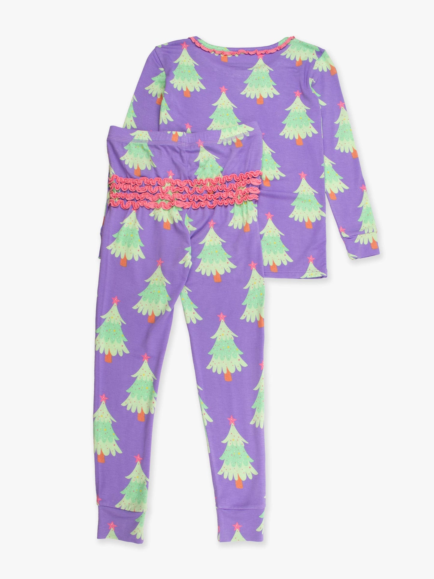 SoftSnooze™ Toddler Girls Bamboo Viscose Purple Twinkling Trees Ruffle Long Sleeve Pajama Set with Signature Rear Ruffles
