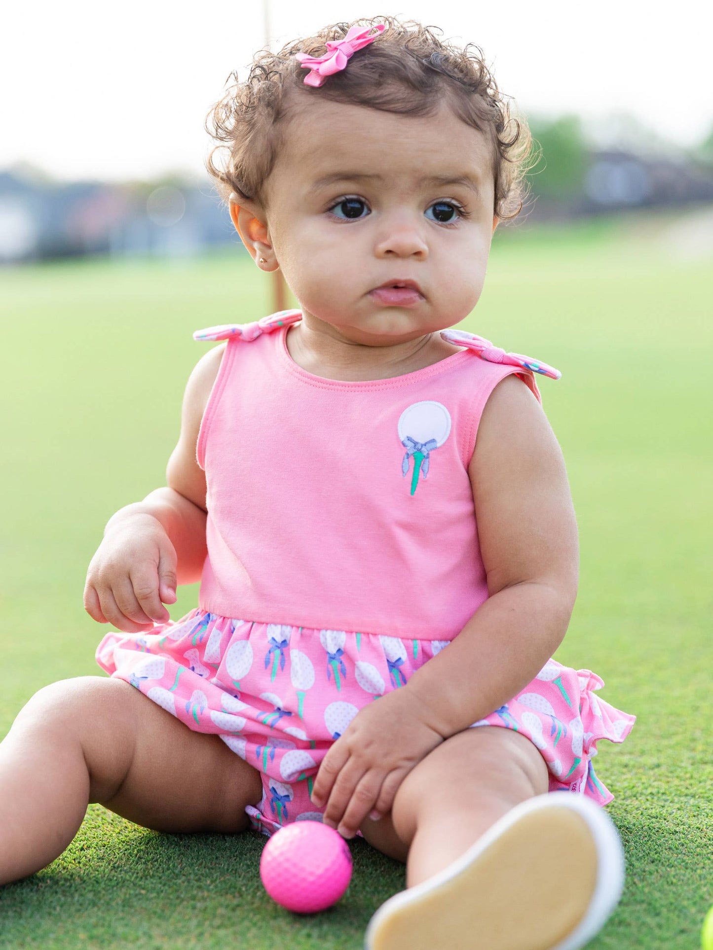Baby Girls Pink Tee Time Knit Tie Shoulder Bubble Romper