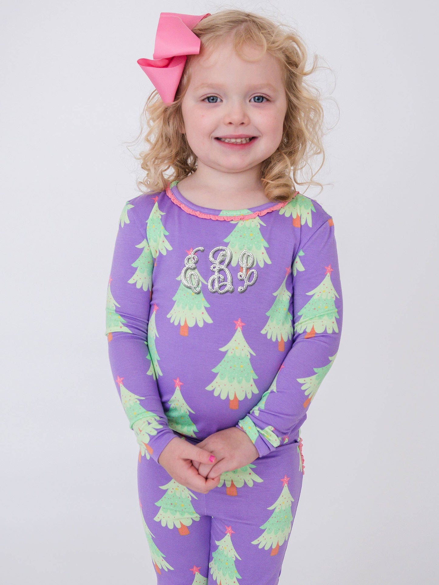 SoftSnooze™ Toddler Girls Bamboo Viscose Purple Twinkling Trees Ruffle Long Sleeve Pajama Set with Signature Rear Ruffles