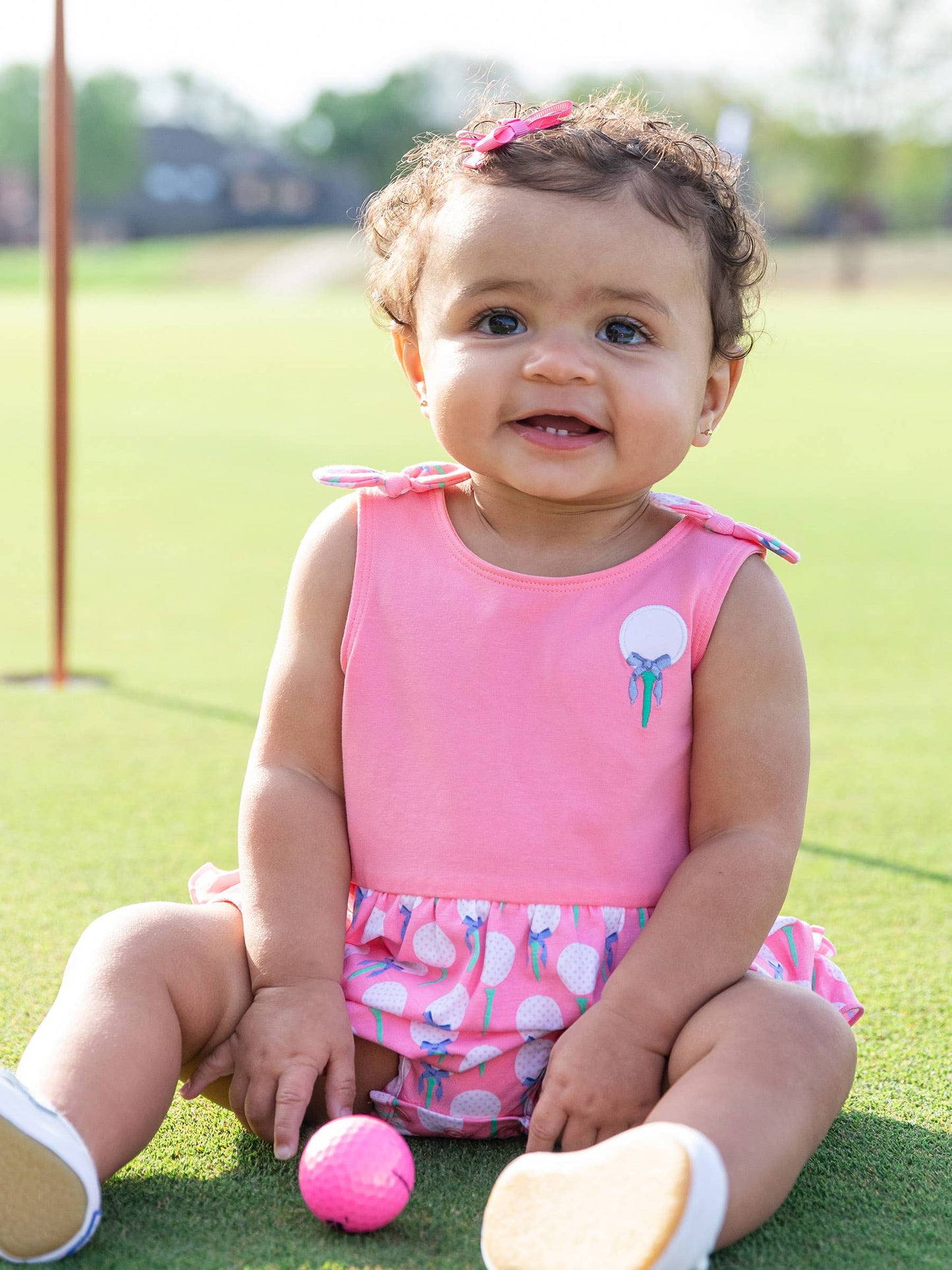 Baby Girls Pink Tee Time Knit Tie Shoulder Bubble Romper
