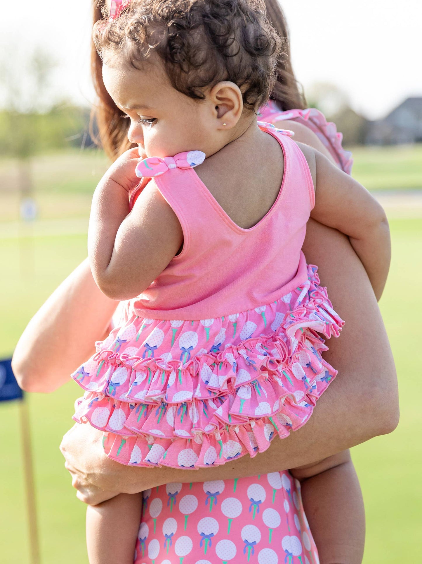 Baby Girls Pink Tee Time Knit Tie Shoulder Bubble Romper