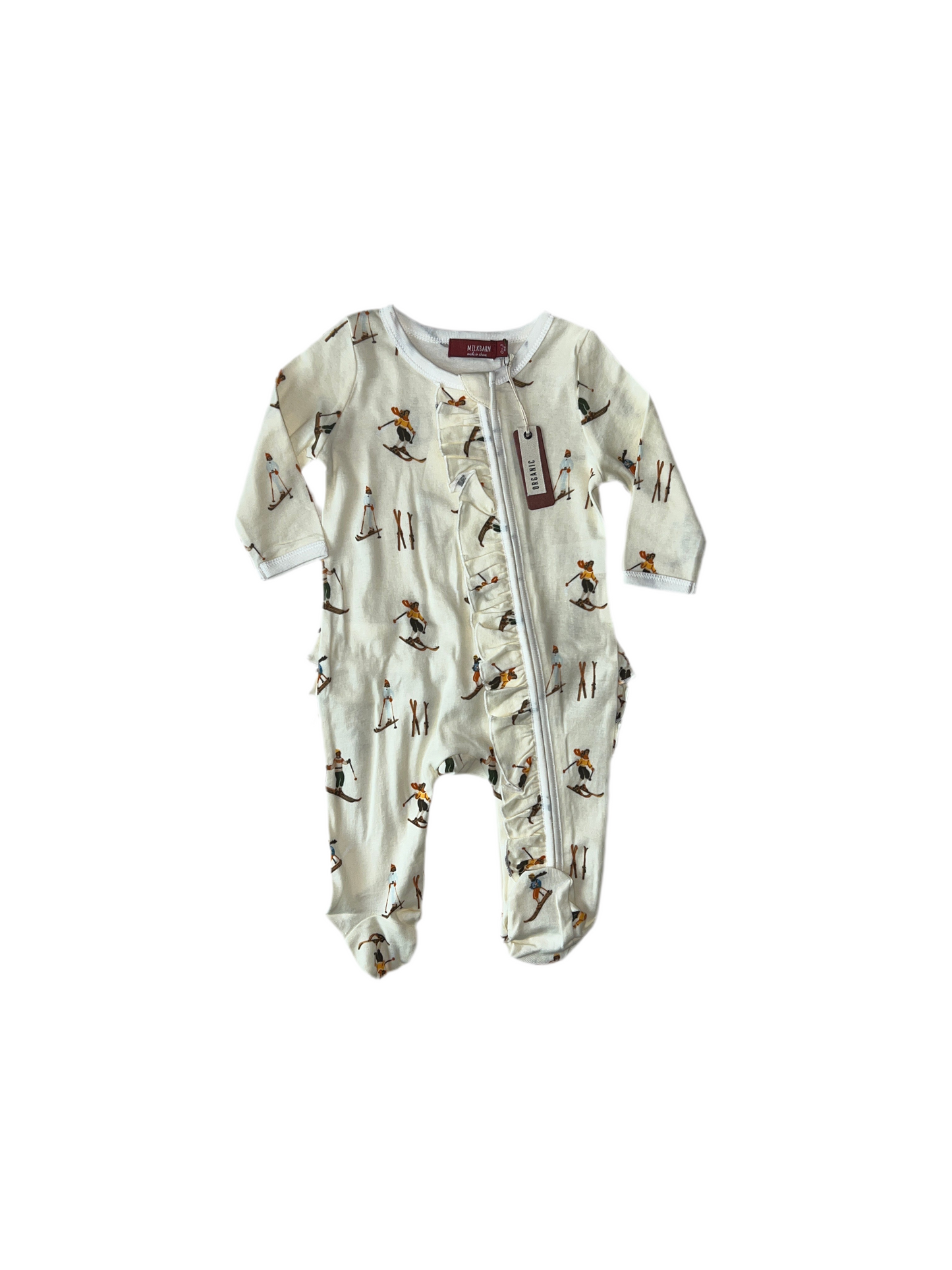 Vintage Natural Ski Organic Cotton Ruffle Zipper Footie