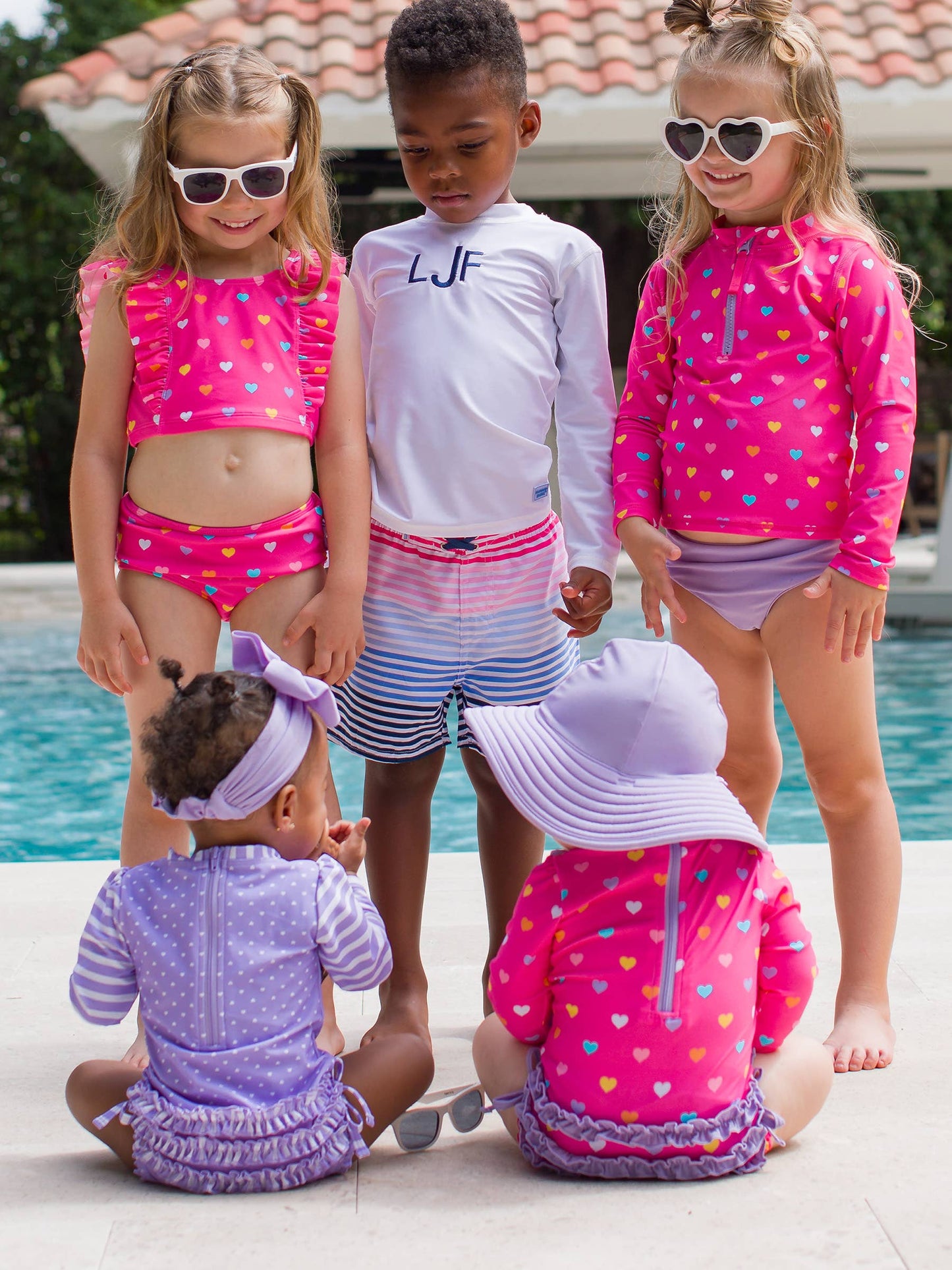 Baby Girls Colorful Hearts Long Sleeve One Piece Rash Guard Swimsuit with Signature Rear Ruffles