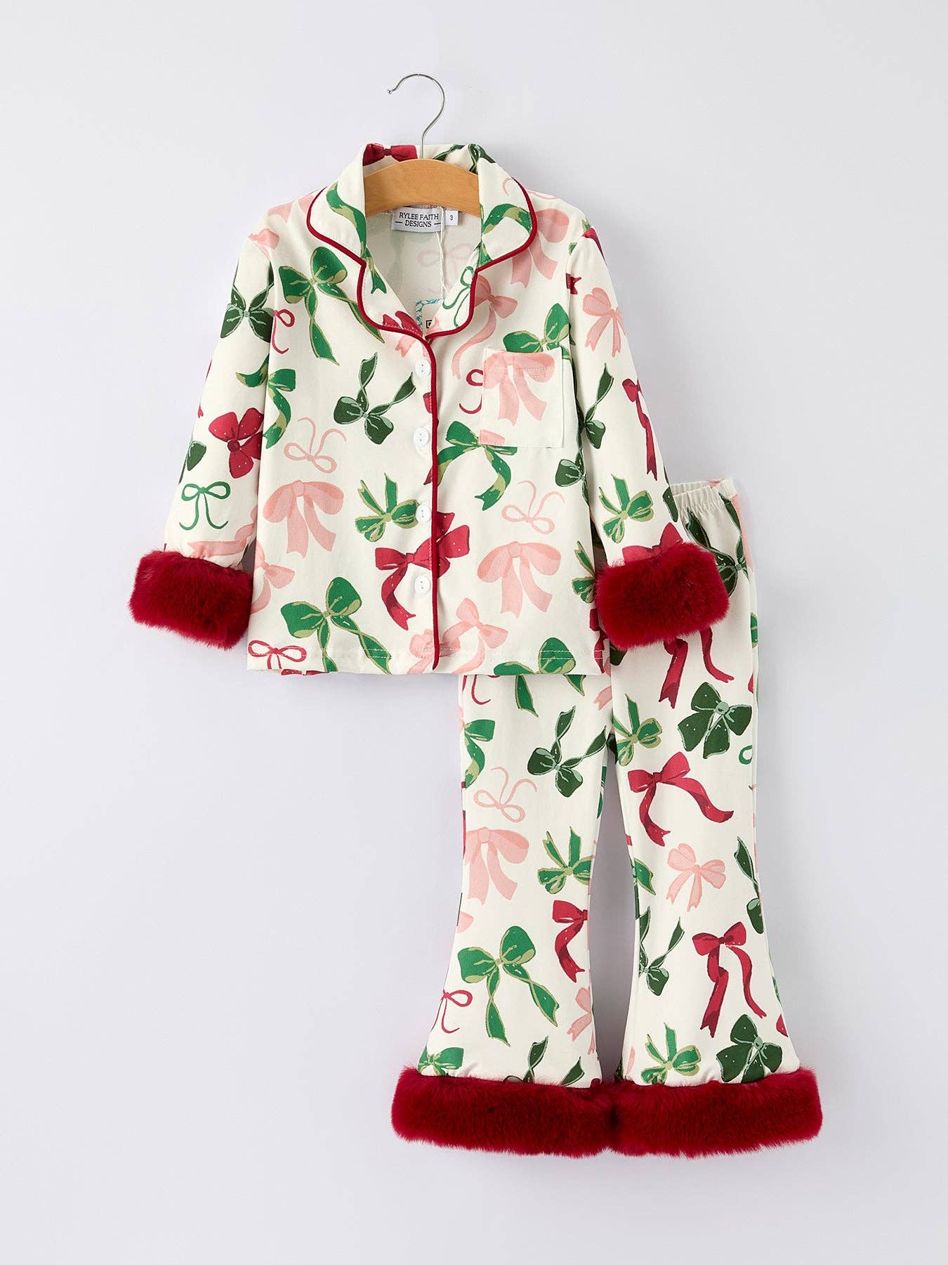 Holiday Bow Print Christmas Pajama Set – Girls Cozy Red Fur Trim
