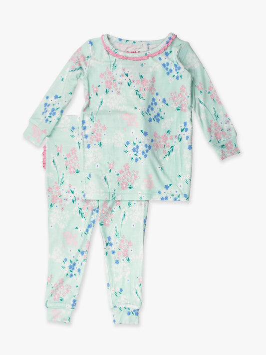 SoftSnooze™ Toddler Girls Bamboo Viscose Mint Meadow Ruffle Long Sleeve Pajama Set with Signature Rear Ruffles