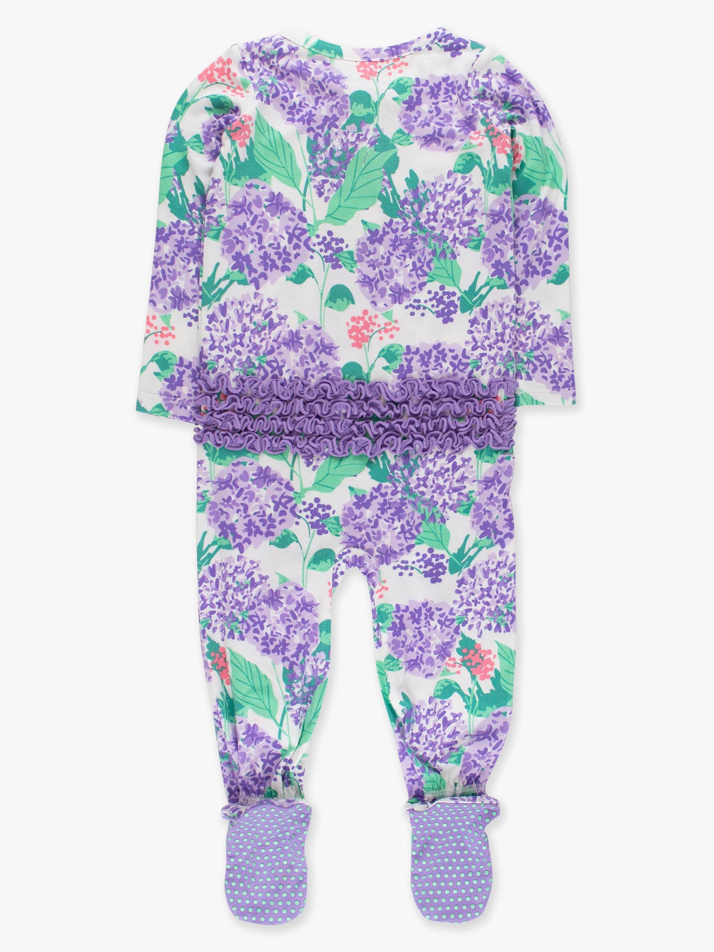 SoftSnooze™ Baby Girls Bamboo Viscose Purple Hydrangea Garden Footed Ruffle One Piece Pajama