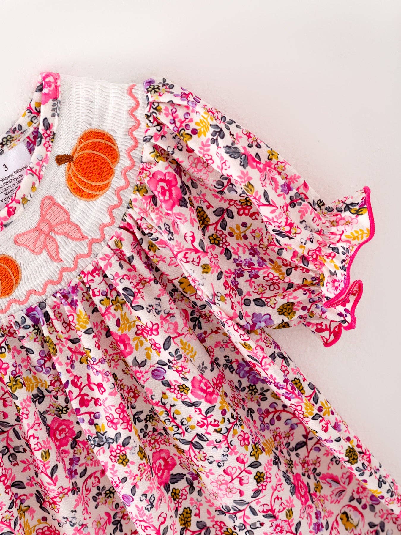Pumpkin Girls Smocking Pumpkin Bow Embroidered Short Sleeve Dress