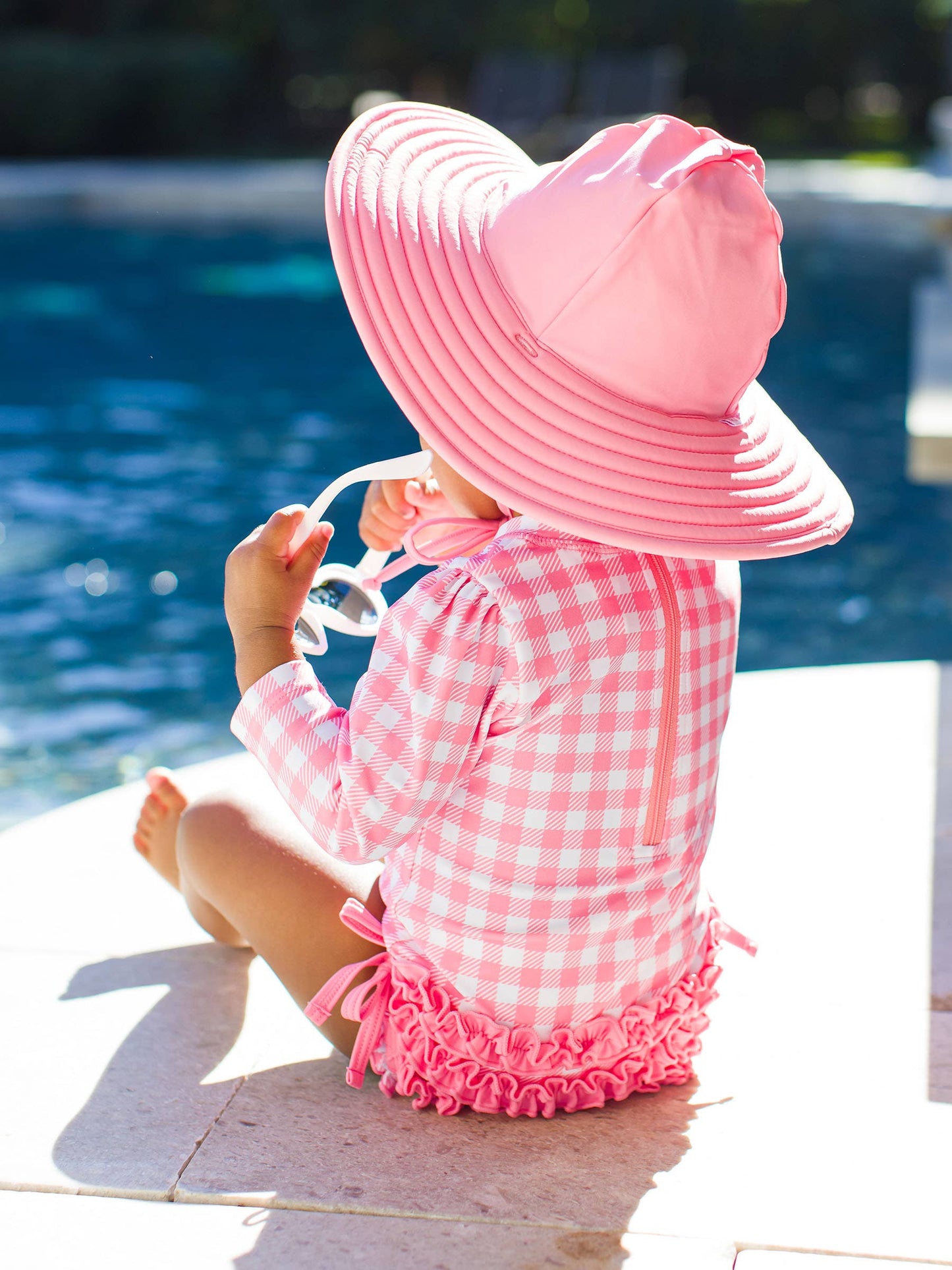 Baby Girls Bubblegum Pink Gingham Long Sleeve One Piece Rash Guard Swimsuit with Signature Rear Ruffles