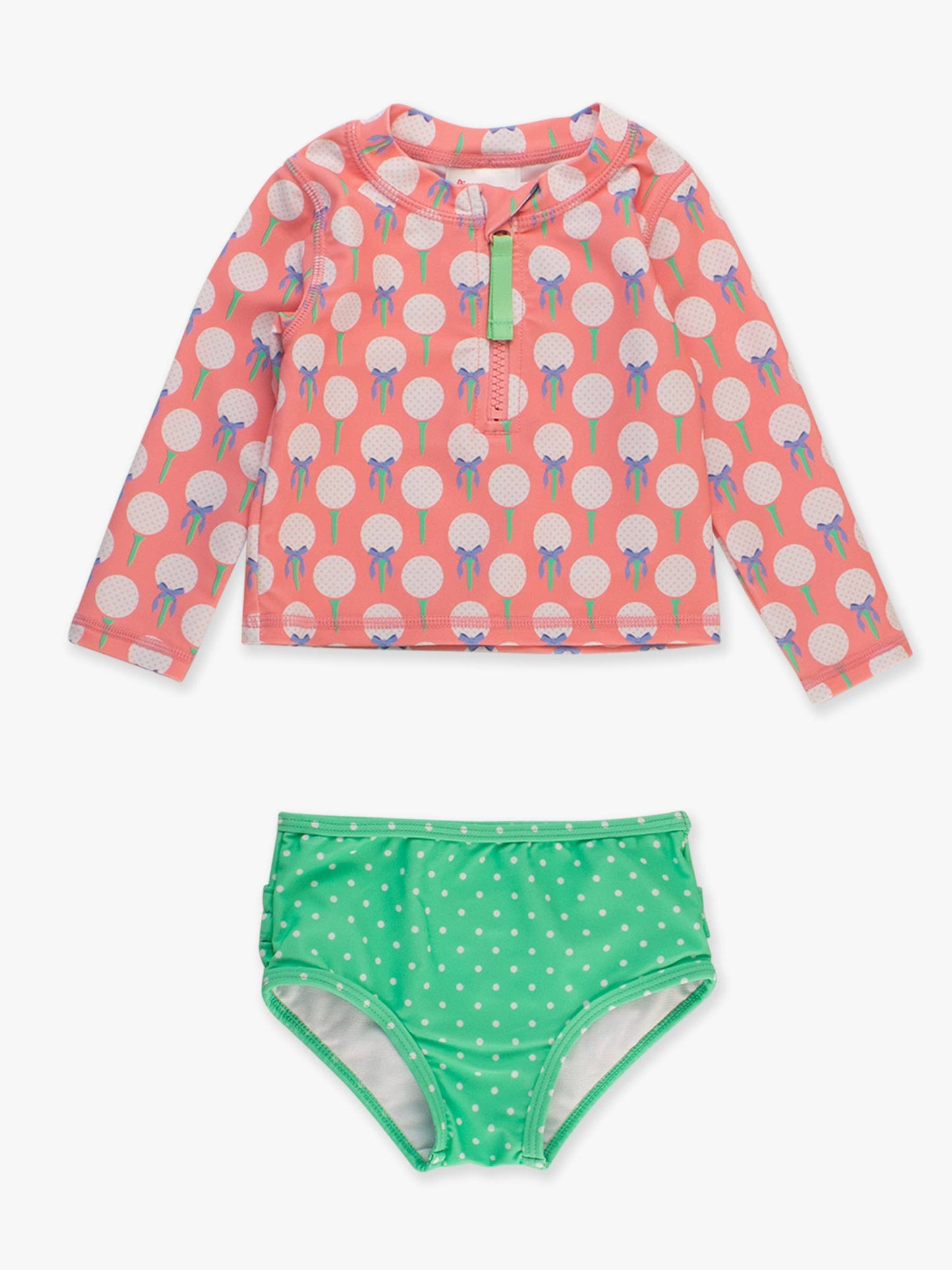 Girls Pink Tee Time Long Sleeve Zipper Rash Guard 2-Piece Swimsuit with Signature Rear Ruffles