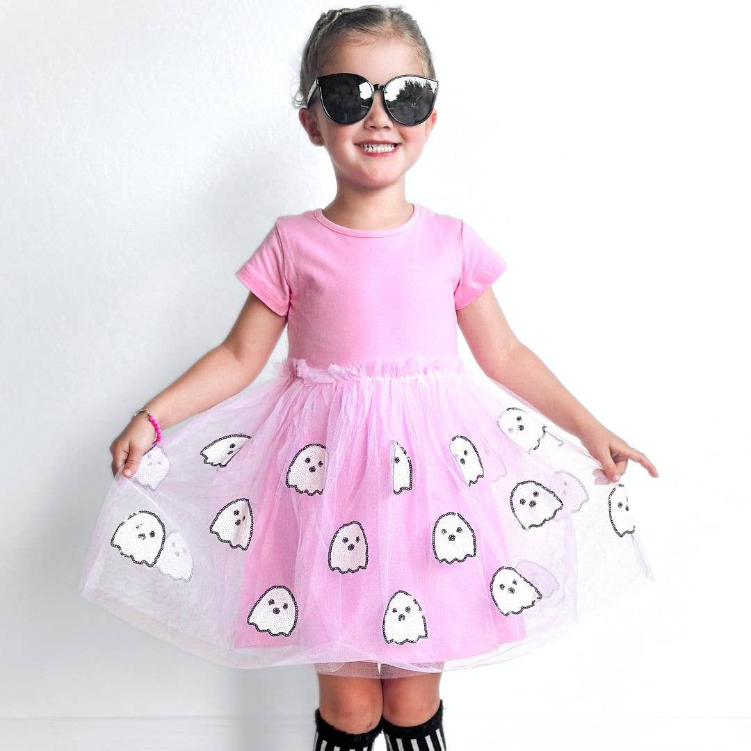 Ghost Sequin Halloween Short Sleeve Tutu Dress - Kids Dress