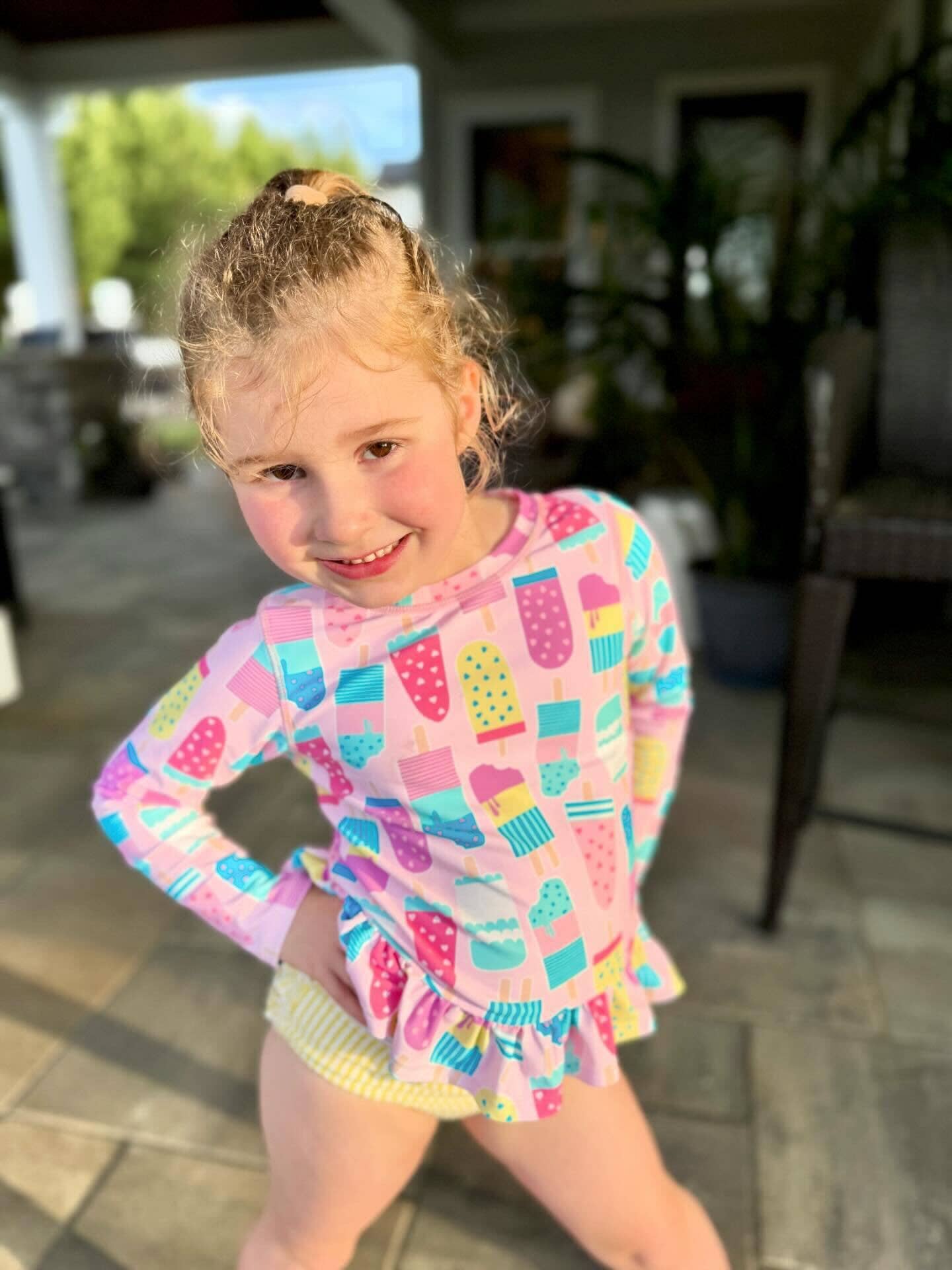 Girls Ice Cream Social Long Sleeve Ruffle Hem Rash Guard 2-Piece Swimsuit with Signature Rear Ruffles