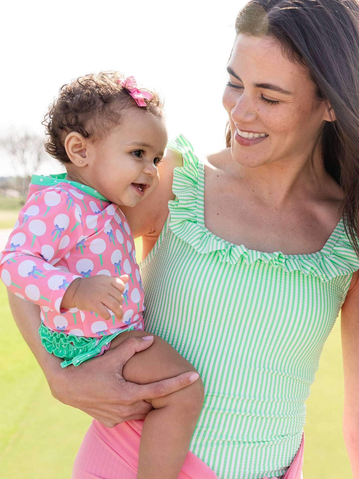 Baby Girls Pink Tee Time Long Sleeve One Piece Rash Guard Swimsuit with Signature Rear Ruffles