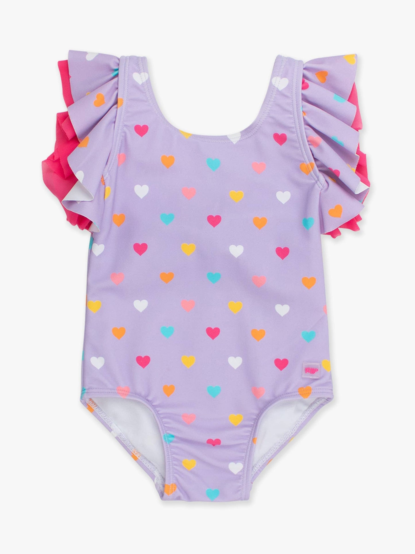 Girls Lavender Colorful Hearts Butterfly Sleeve One Piece Swimsuit