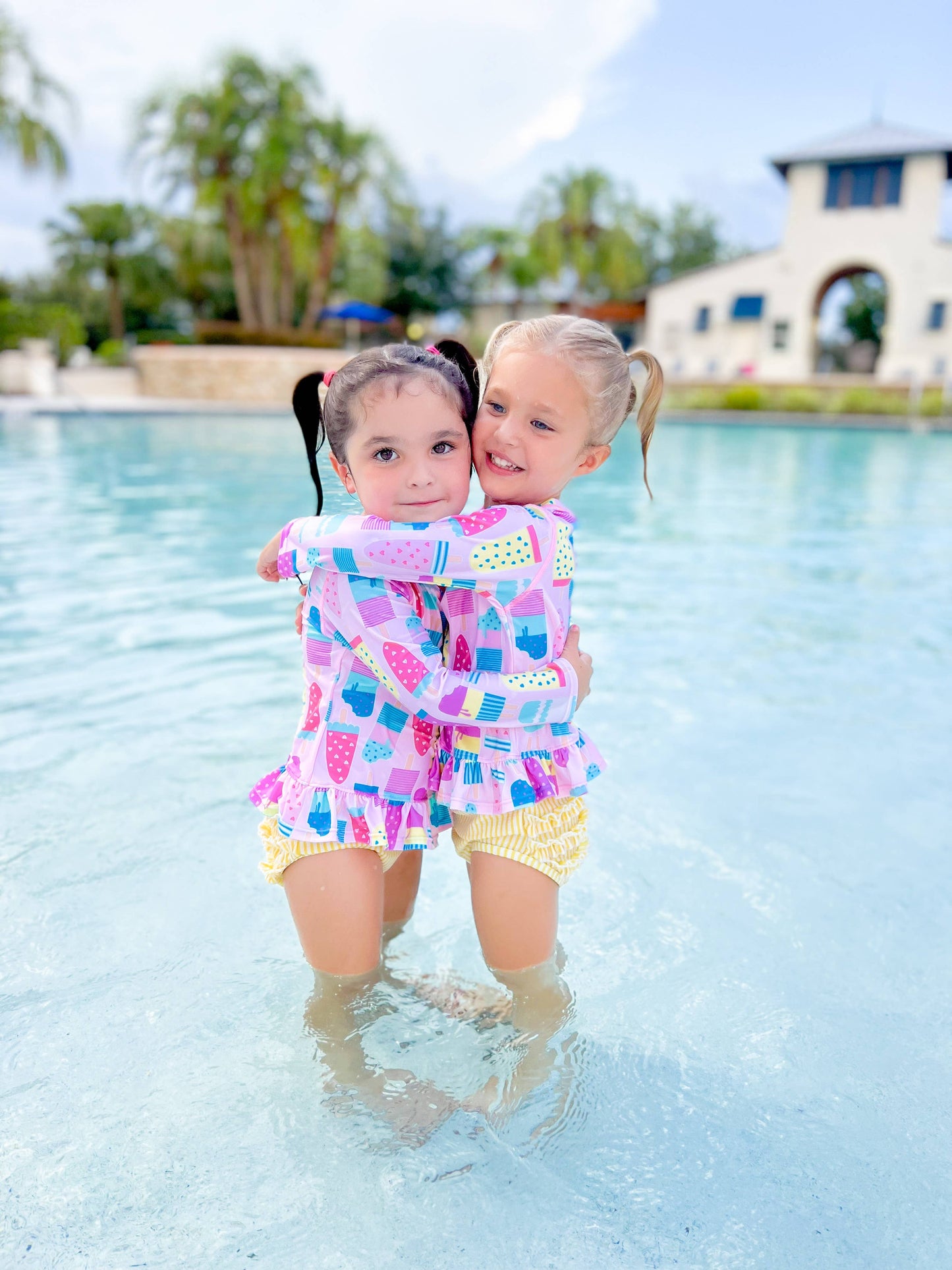 Girls Ice Cream Social Long Sleeve Ruffle Hem Rash Guard 2-Piece Swimsuit with Signature Rear Ruffles