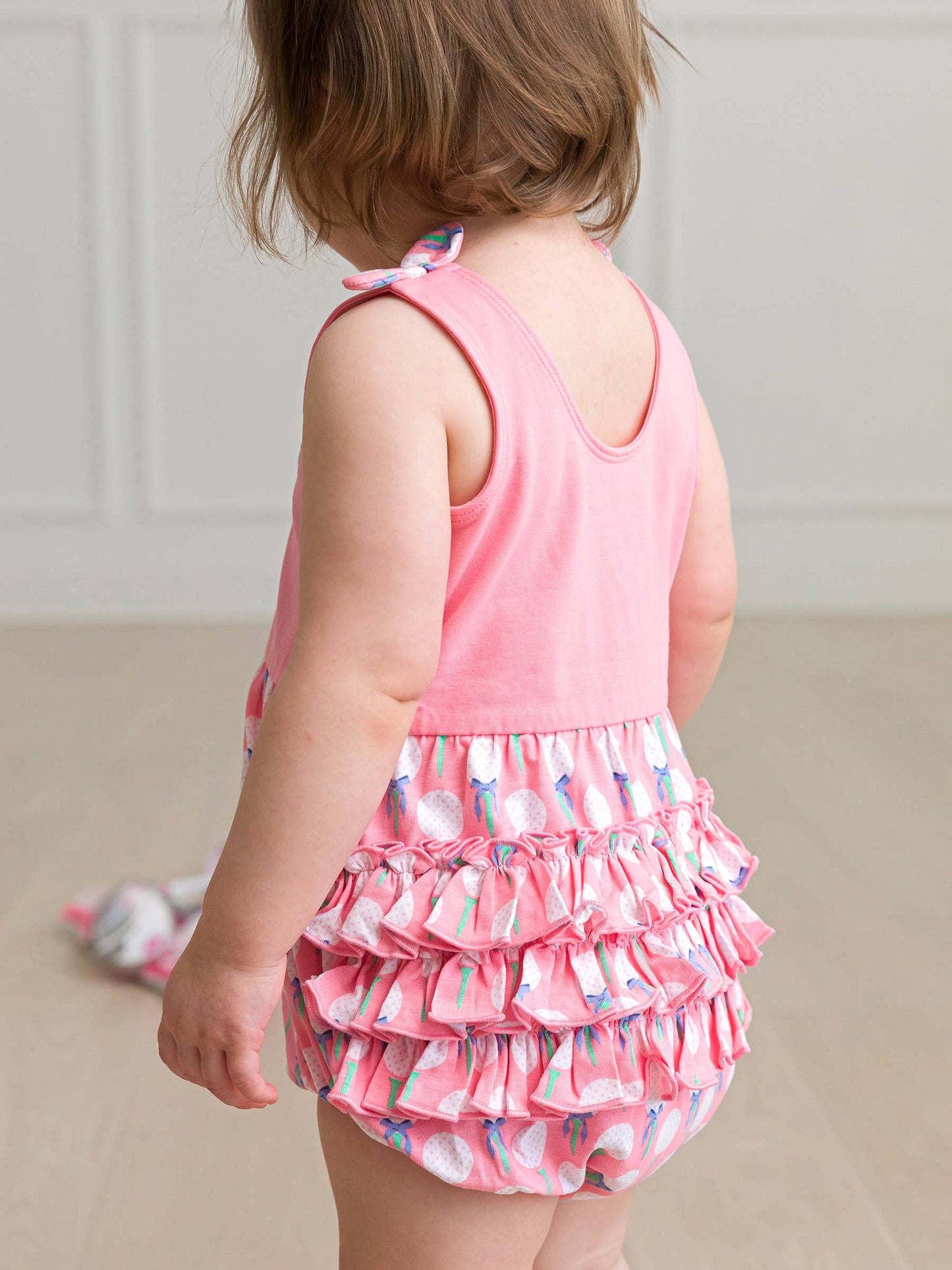 Baby Girls Pink Tee Time Knit Tie Shoulder Bubble Romper