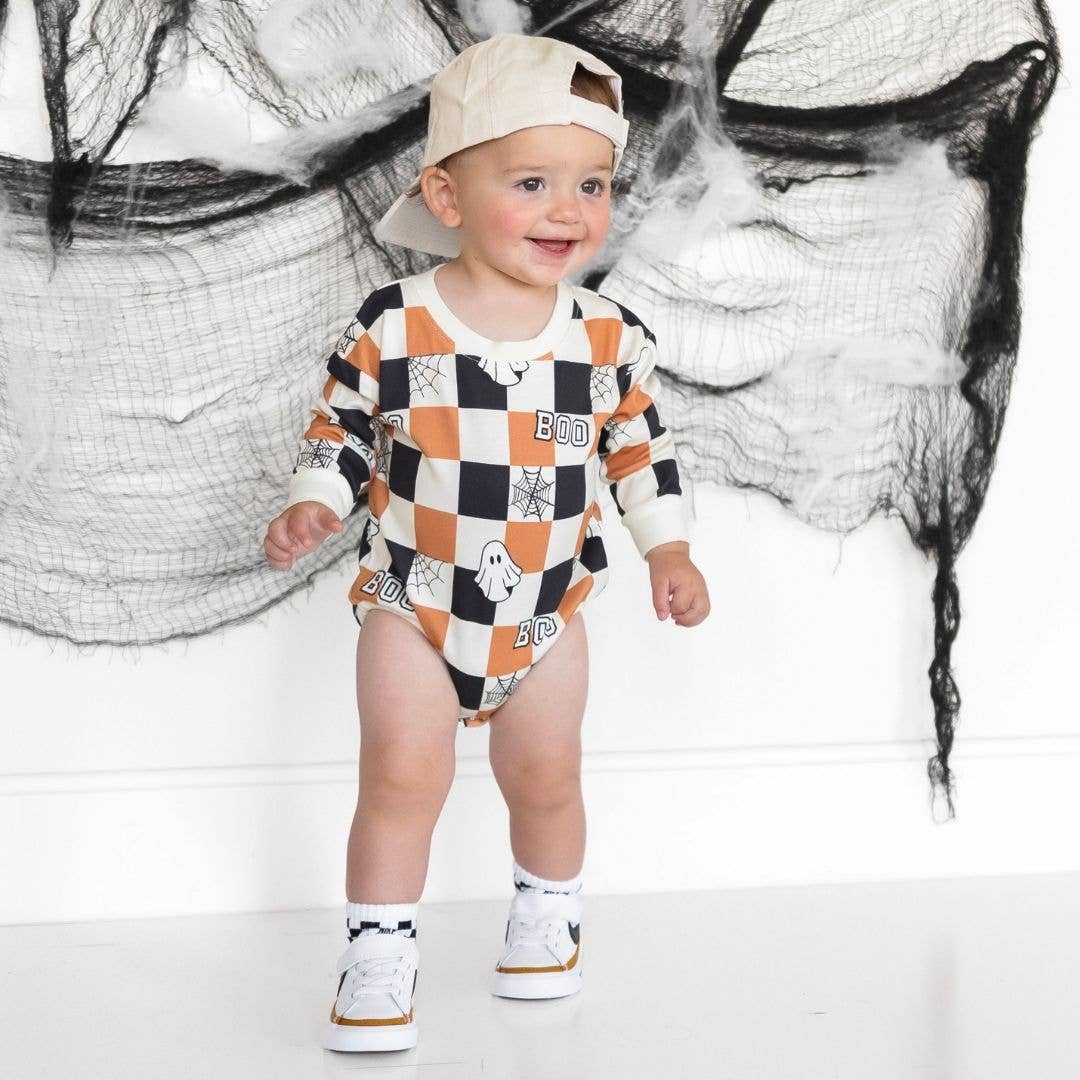 Boo Checkered Halloween Long Sleeve Romper - Baby Clothing