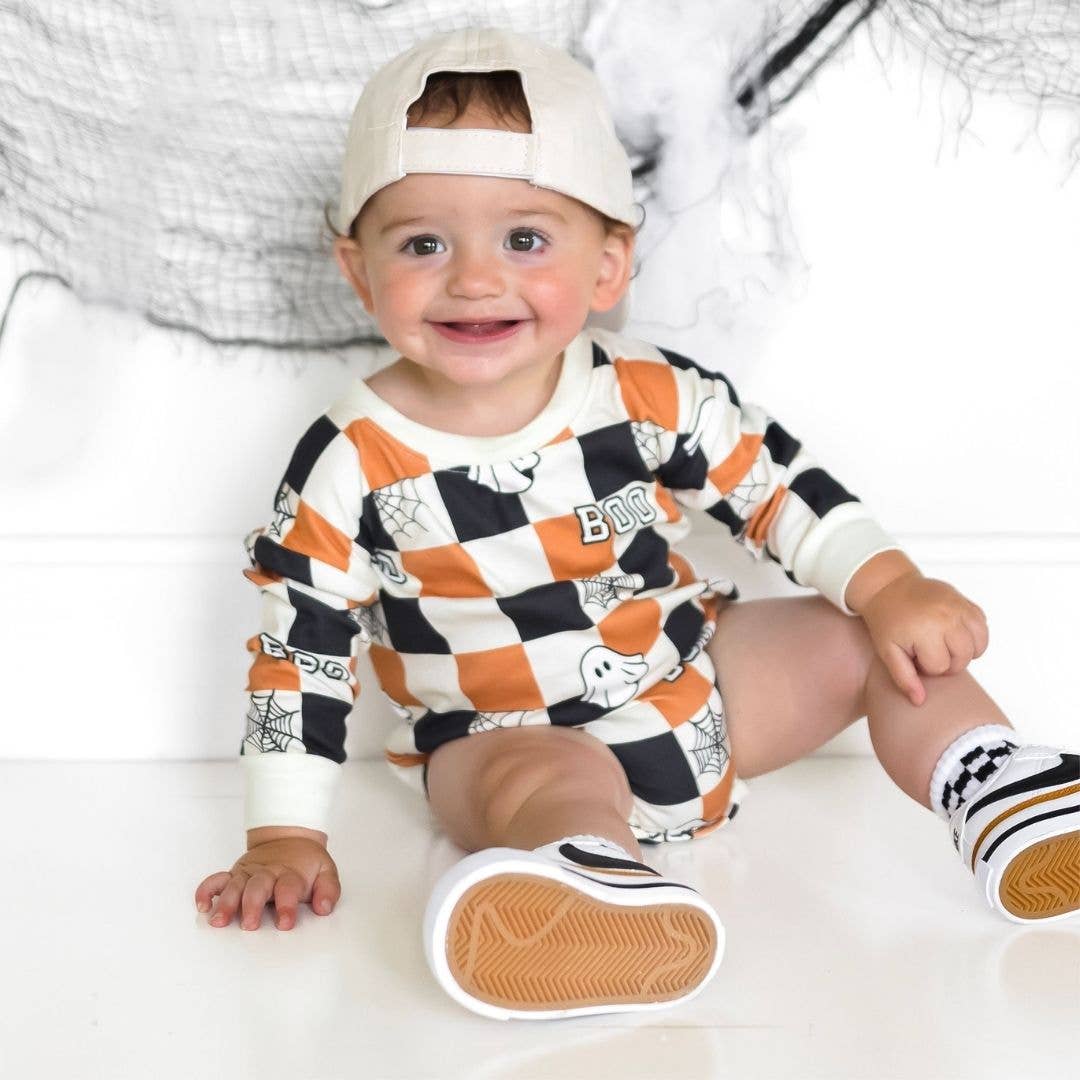 Boo Checkered Halloween Long Sleeve Romper - Baby Clothing