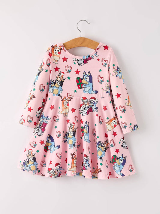 Bluey Christmas Character Print Pink Girls Dress