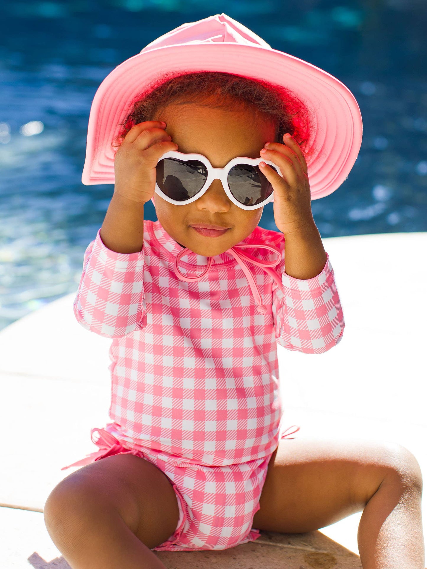 Baby Girls Bubblegum Pink Gingham Long Sleeve One Piece Rash Guard Swimsuit with Signature Rear Ruffles