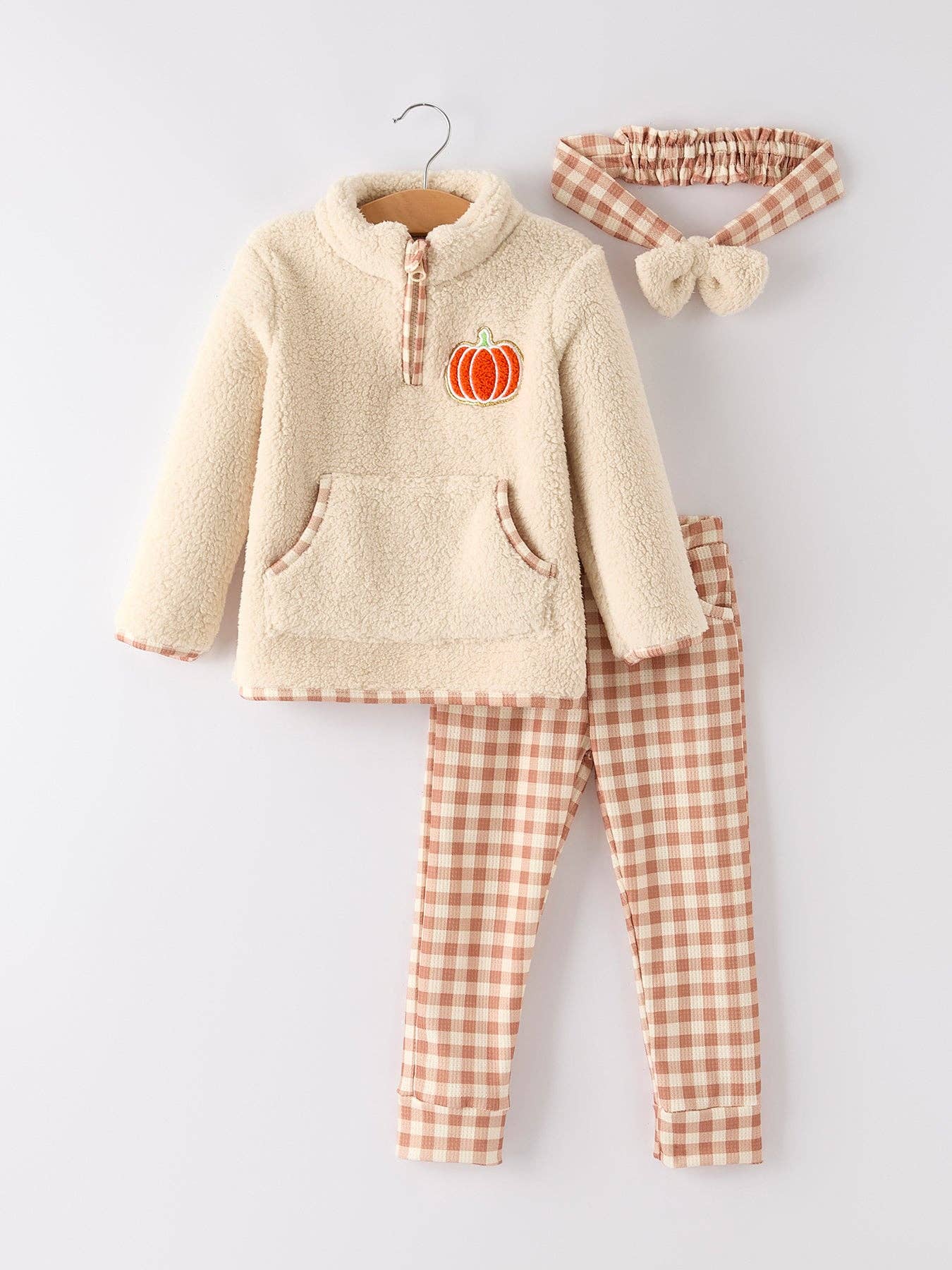 Girls Pumpkin Furry Top, Plaid Pants with Matching Headband