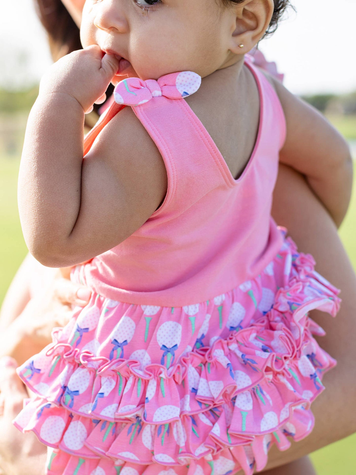 Baby Girls Pink Tee Time Knit Tie Shoulder Bubble Romper