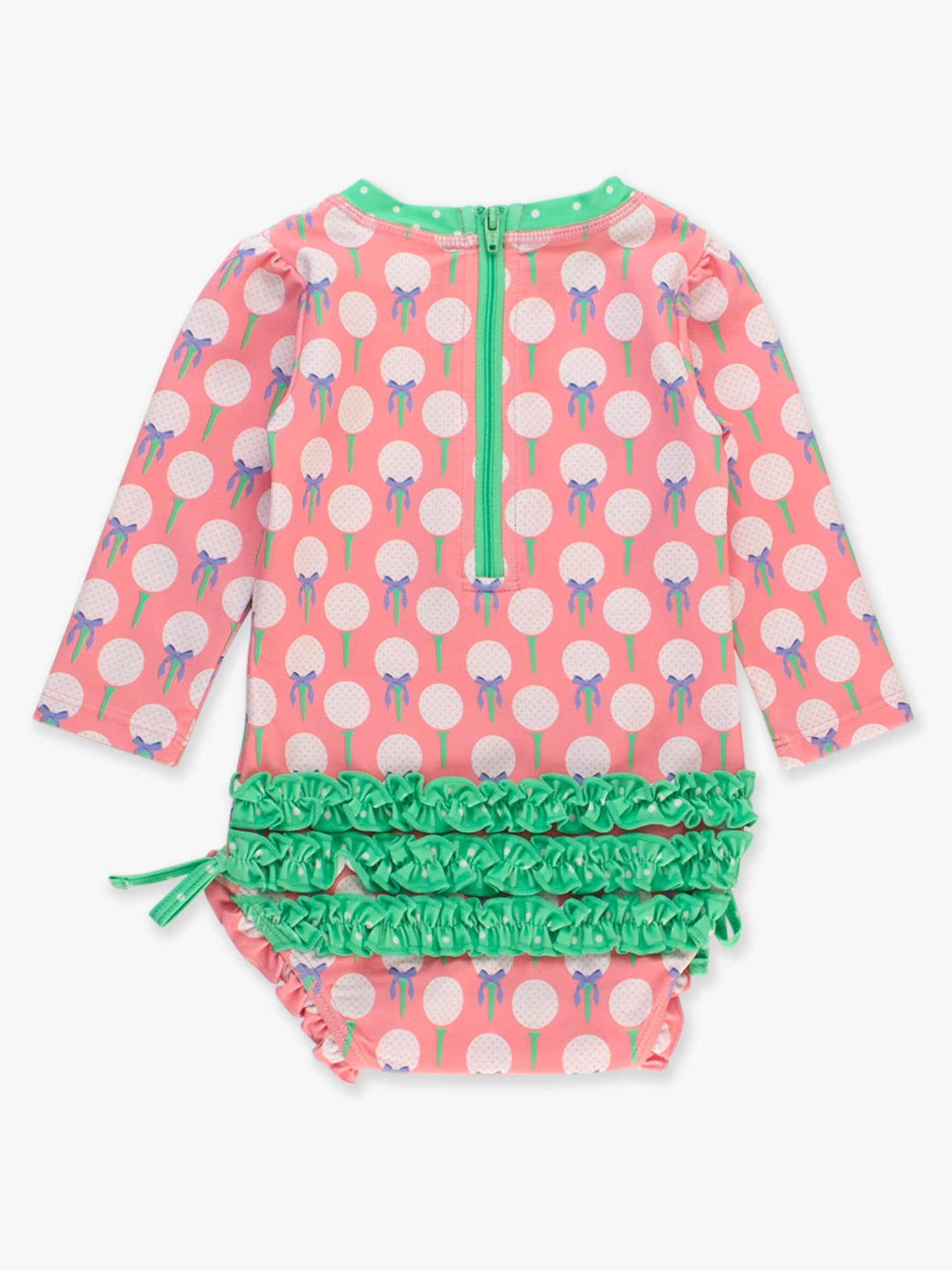 Baby Girls Pink Tee Time Long Sleeve One Piece Rash Guard Swimsuit with Signature Rear Ruffles