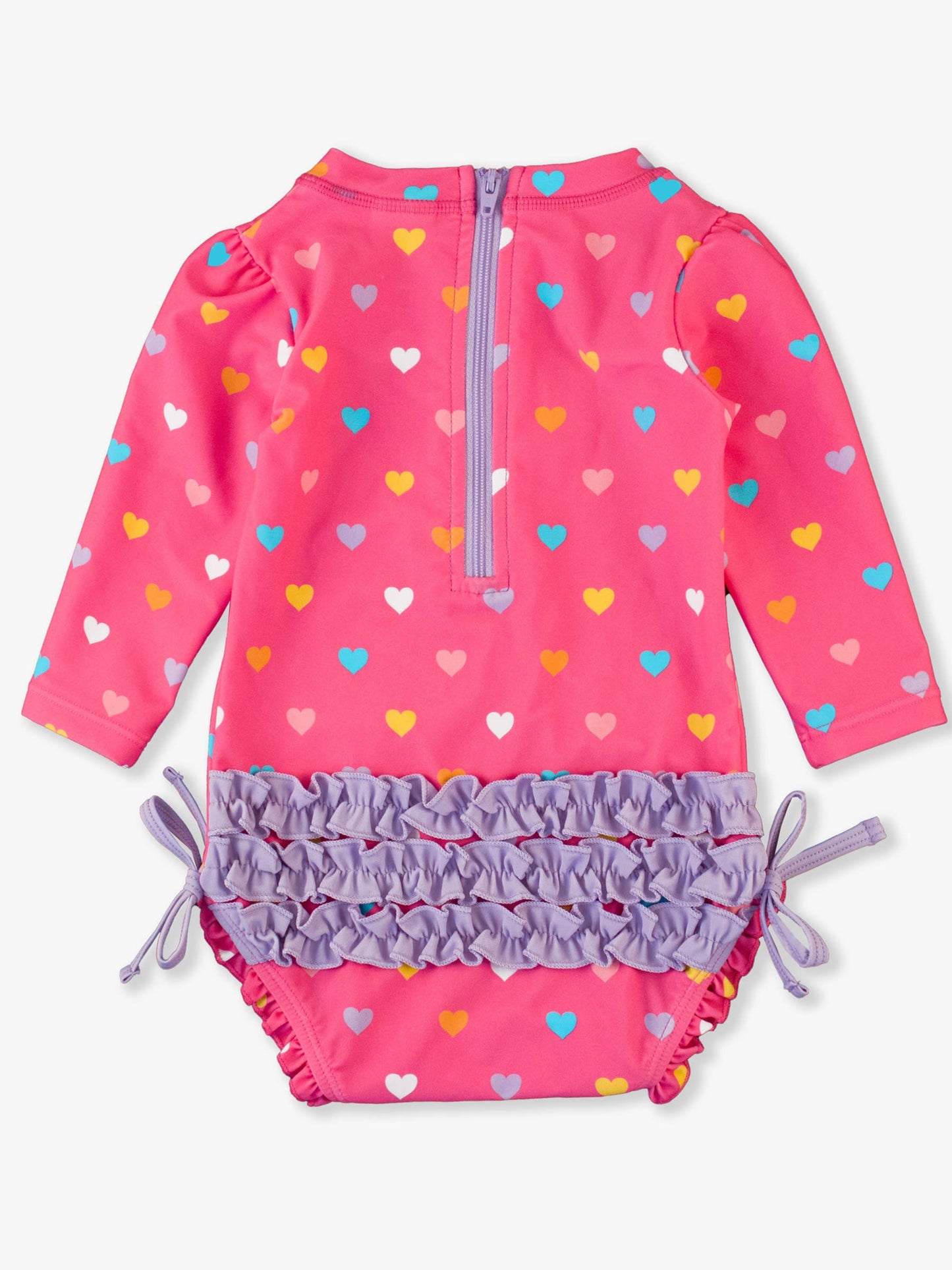 Baby Girls Colorful Hearts Long Sleeve One Piece Rash Guard Swimsuit with Signature Rear Ruffles