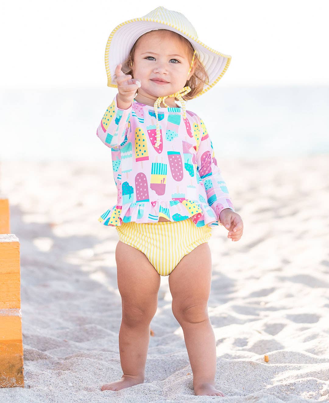 Girls Ice Cream Social Long Sleeve Ruffle Hem Rash Guard 2-Piece Swimsuit with Signature Rear Ruffles
