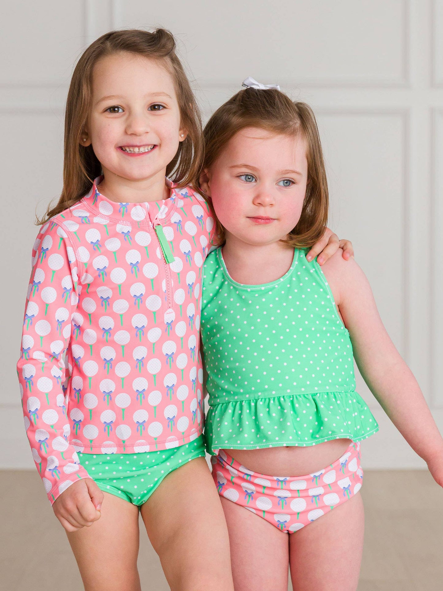Girls Pink Tee Time Long Sleeve Zipper Rash Guard 2-Piece Swimsuit with Signature Rear Ruffles