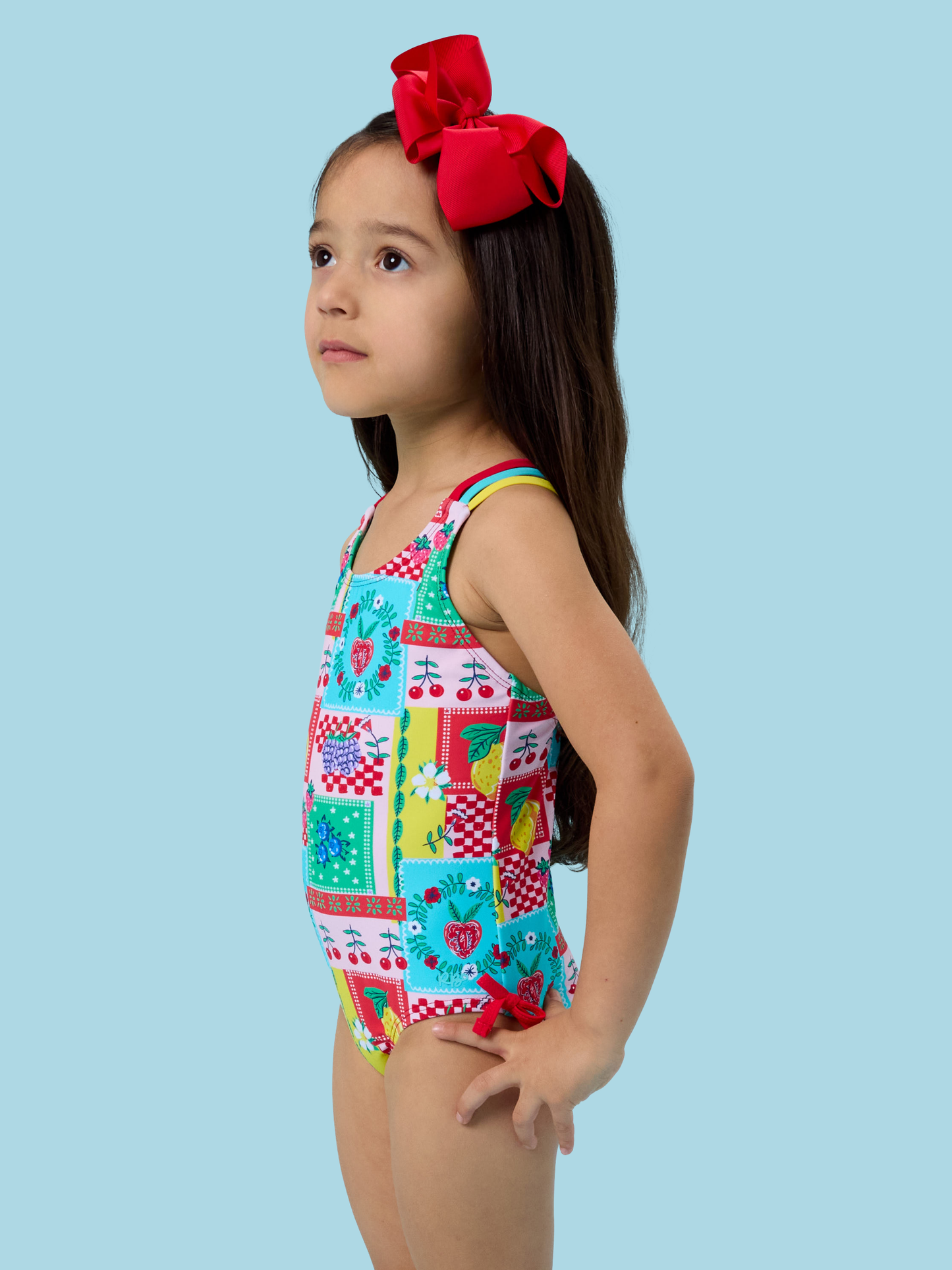 Girls Picnic Party Patchwork Cross-Back One Piece Swimsuit