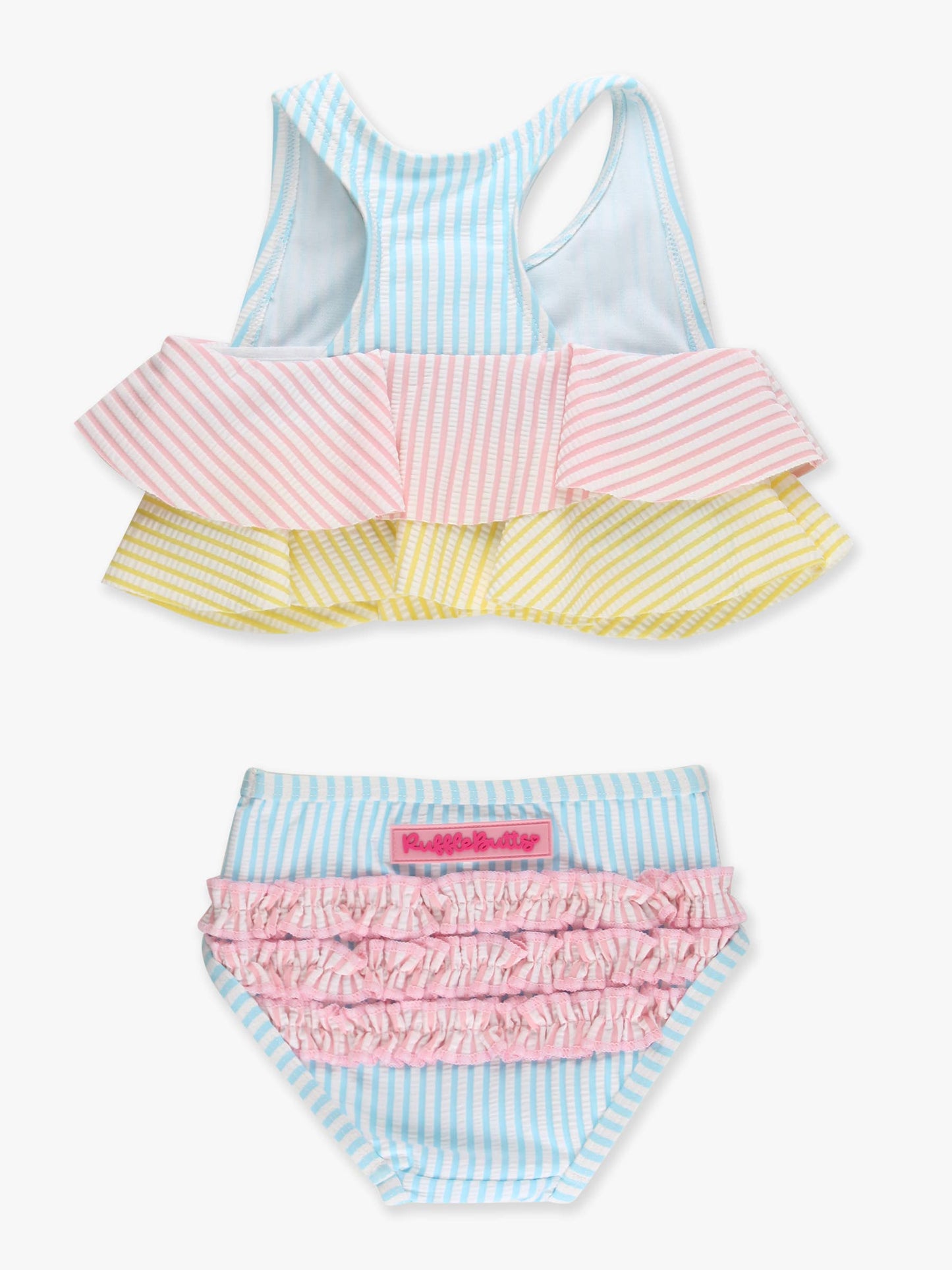 Girls Seersucker Color Block Flounce Bikini 2-Piece Swimsuit with Signature Rear Ruffles