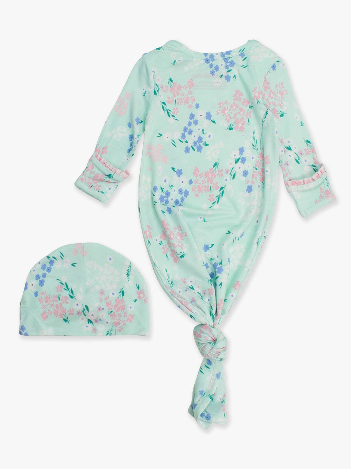 SoftSnooze™ Baby Girls Bamboo Viscose Mint Meadow Ruffle Knotted Sleep Gown & Bow Hat Set