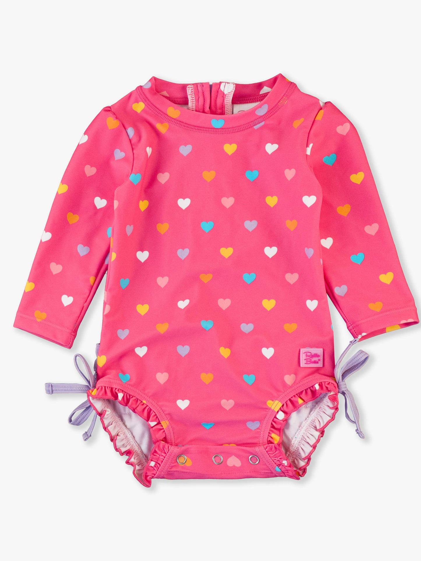 Baby Girls Colorful Hearts Long Sleeve One Piece Rash Guard Swimsuit with Signature Rear Ruffles