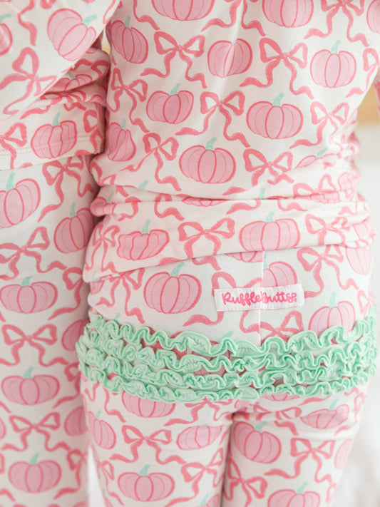 SoftSnooze™ Toddler Girls Bamboo Viscose Pink Fairytale Pumpkins Ruffle Long Sleeve Pajama Set with Signature Rear Ruffles