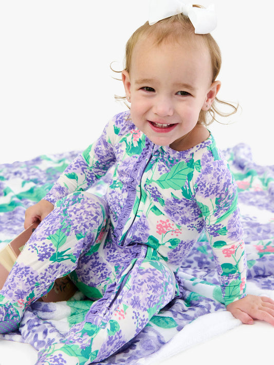 SoftSnooze™ Baby Girls Bamboo Viscose Purple Hydrangea Garden Footed Ruffle One Piece Pajama