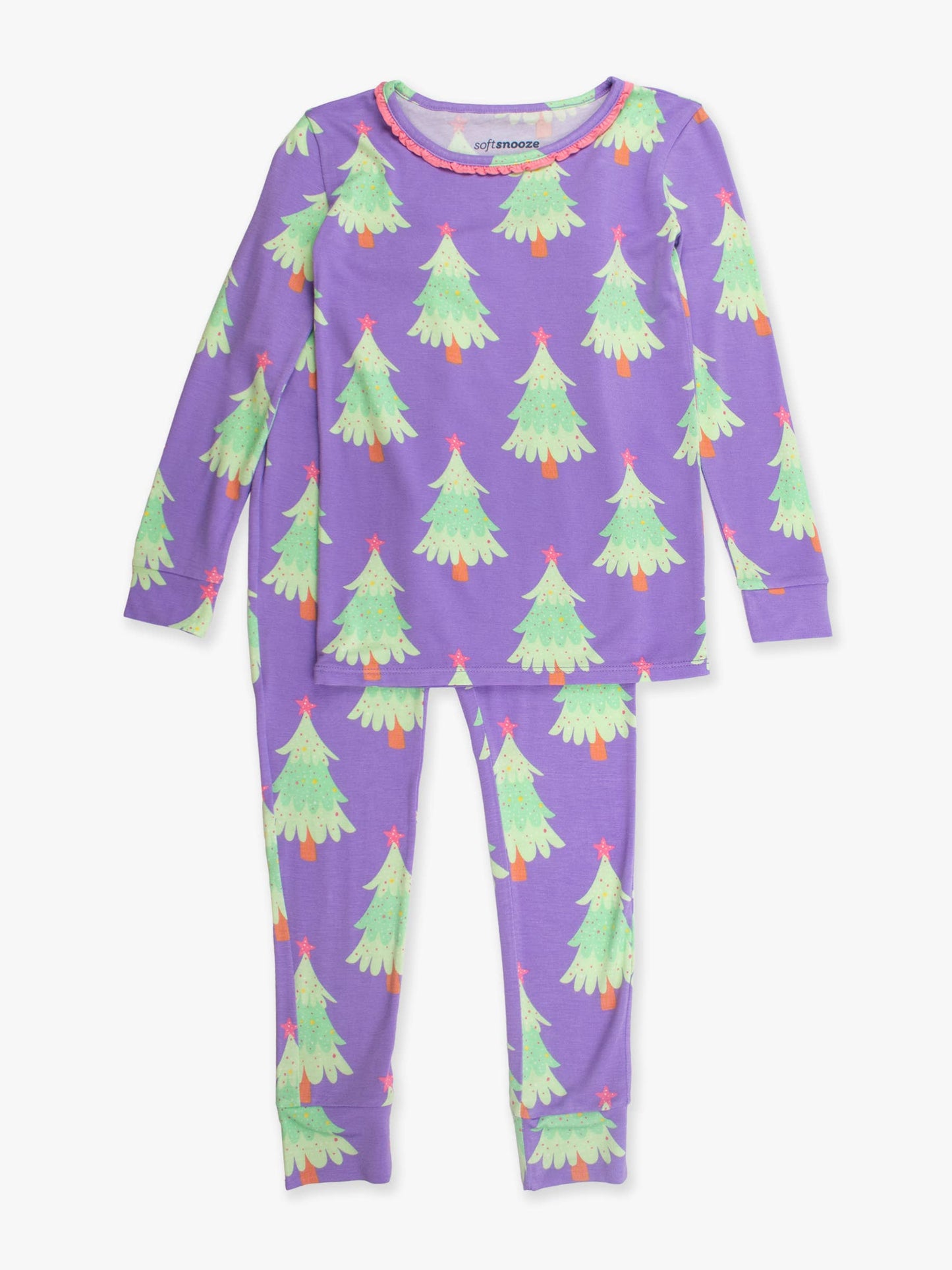 SoftSnooze™ Toddler Girls Bamboo Viscose Purple Twinkling Trees Ruffle Long Sleeve Pajama Set with Signature Rear Ruffles