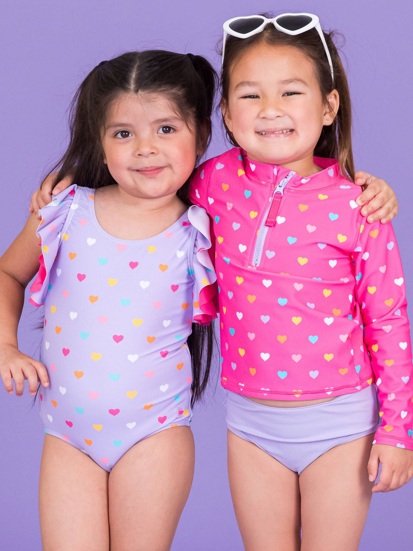 Girls Lavender Colorful Hearts Butterfly Sleeve One Piece Swimsuit