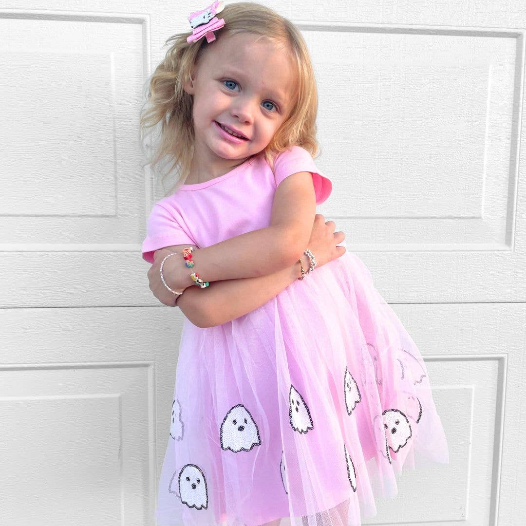 Ghost Sequin Halloween Short Sleeve Tutu Dress - Kids Dress