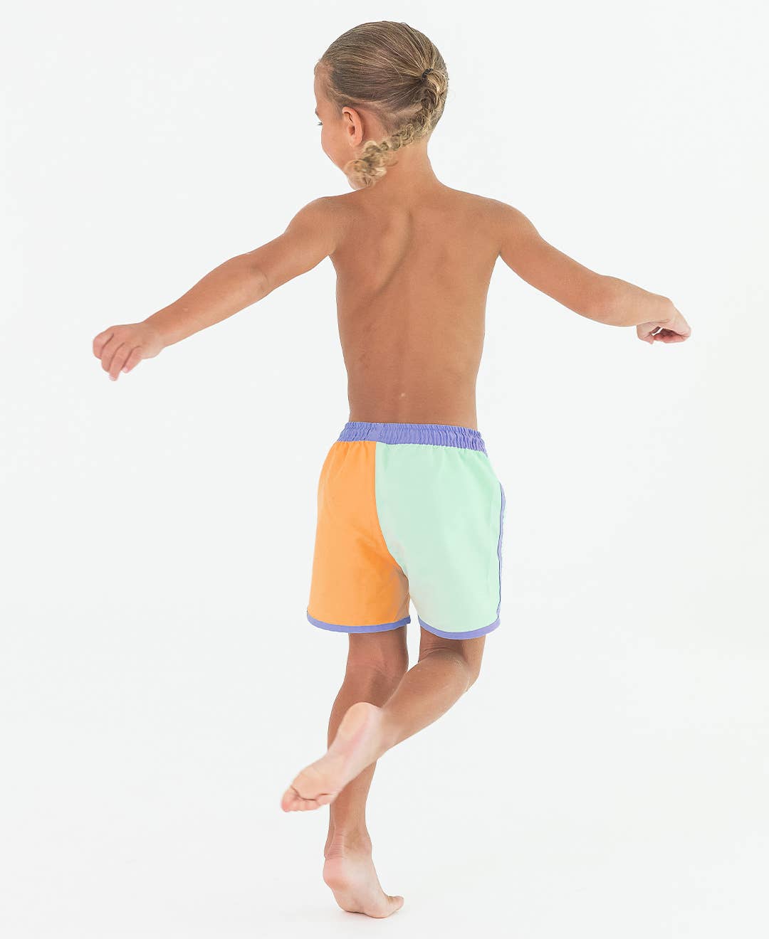 Boys Periwinkle, Frost Green, and Ginger Color Block Dolphin Hem Swim Trunks