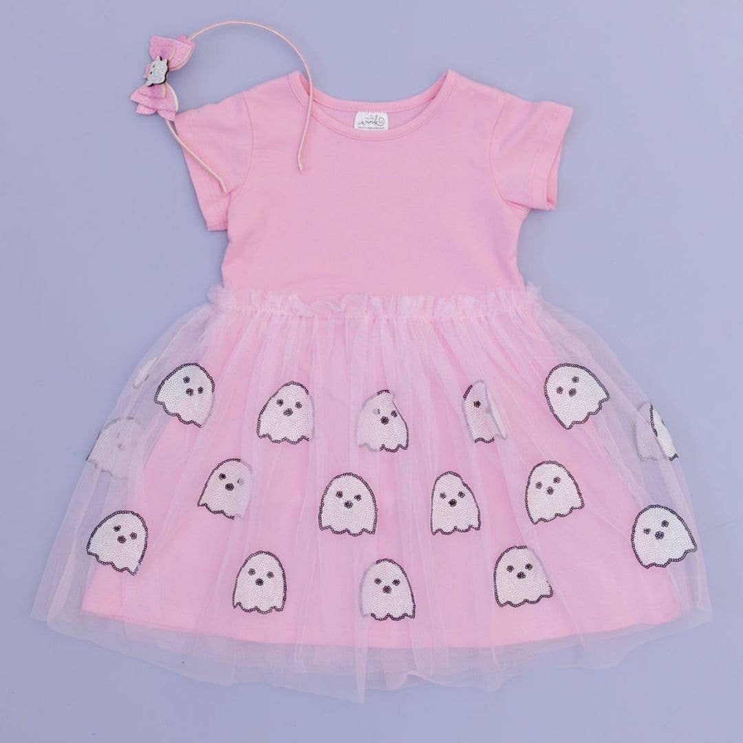 Ghost Sequin Halloween Short Sleeve Tutu Dress - Kids Dress