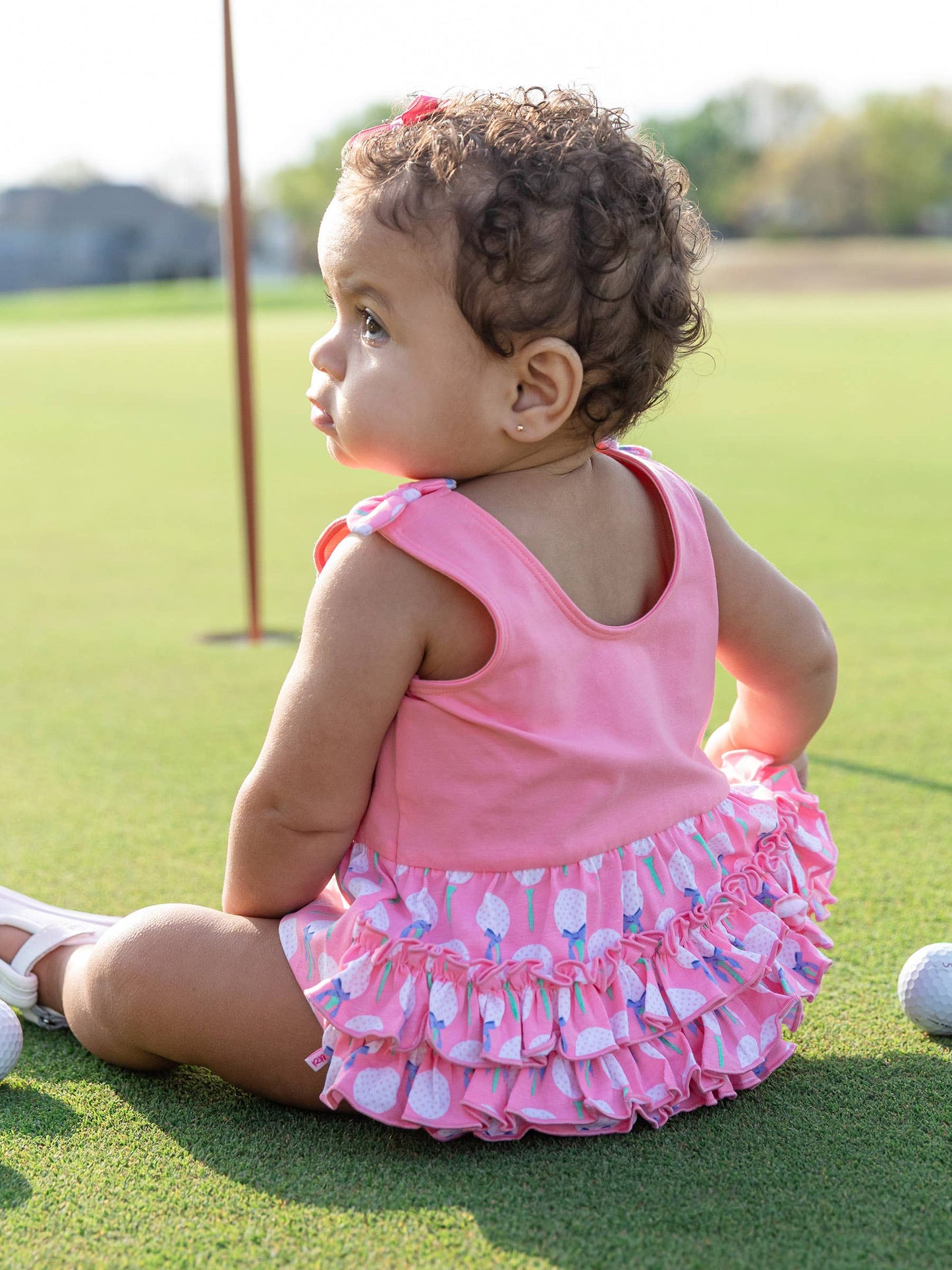 Baby Girls Pink Tee Time Knit Tie Shoulder Bubble Romper
