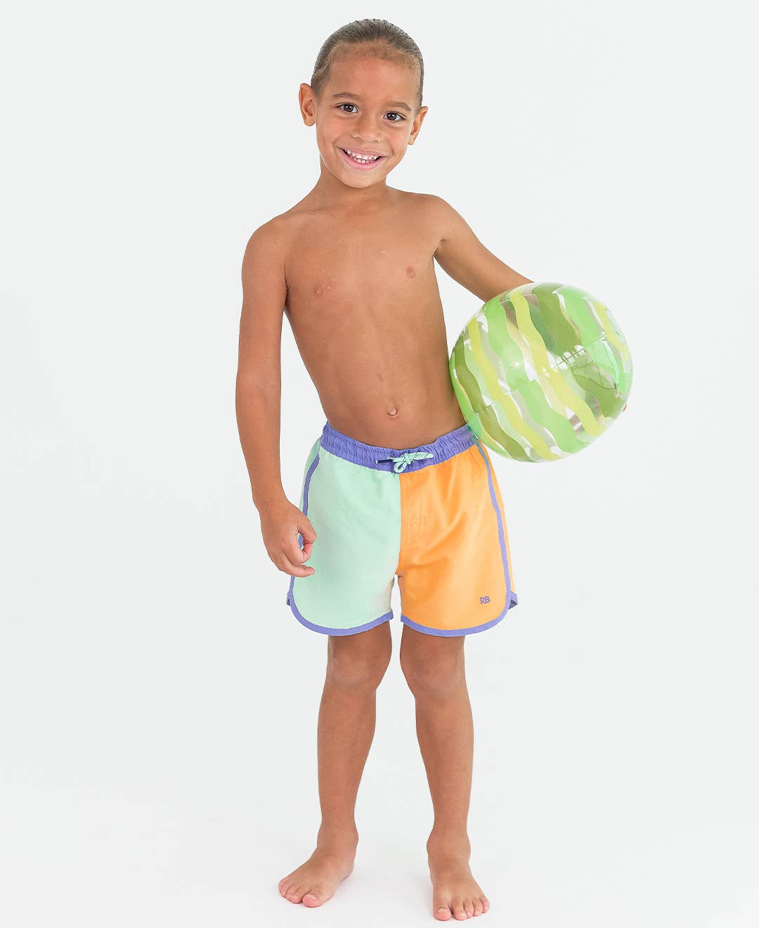 Boys Periwinkle, Frost Green, and Ginger Color Block Dolphin Hem Swim Trunks