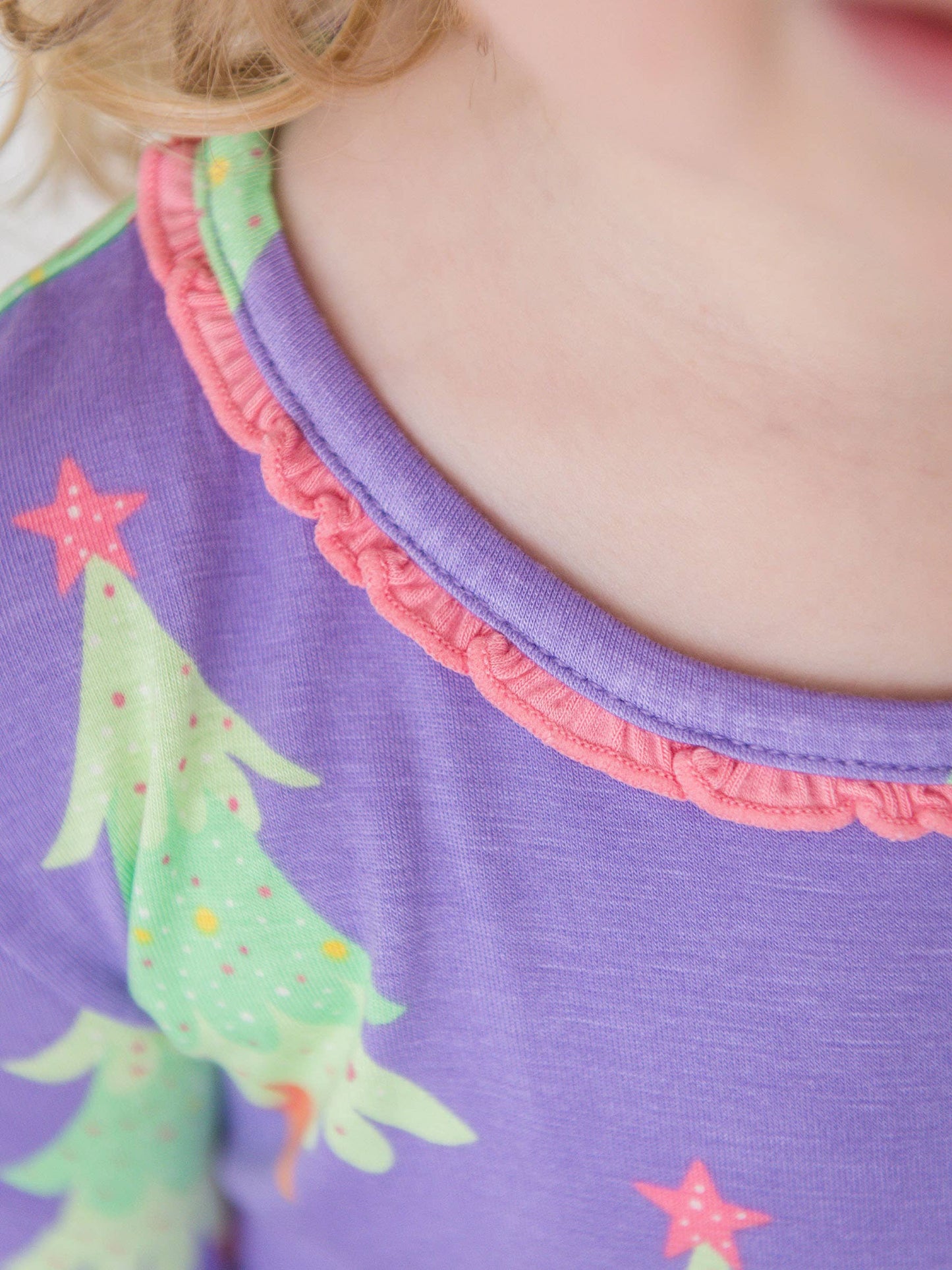 SoftSnooze™ Toddler Girls Bamboo Viscose Purple Twinkling Trees Ruffle Long Sleeve Pajama Set with Signature Rear Ruffles