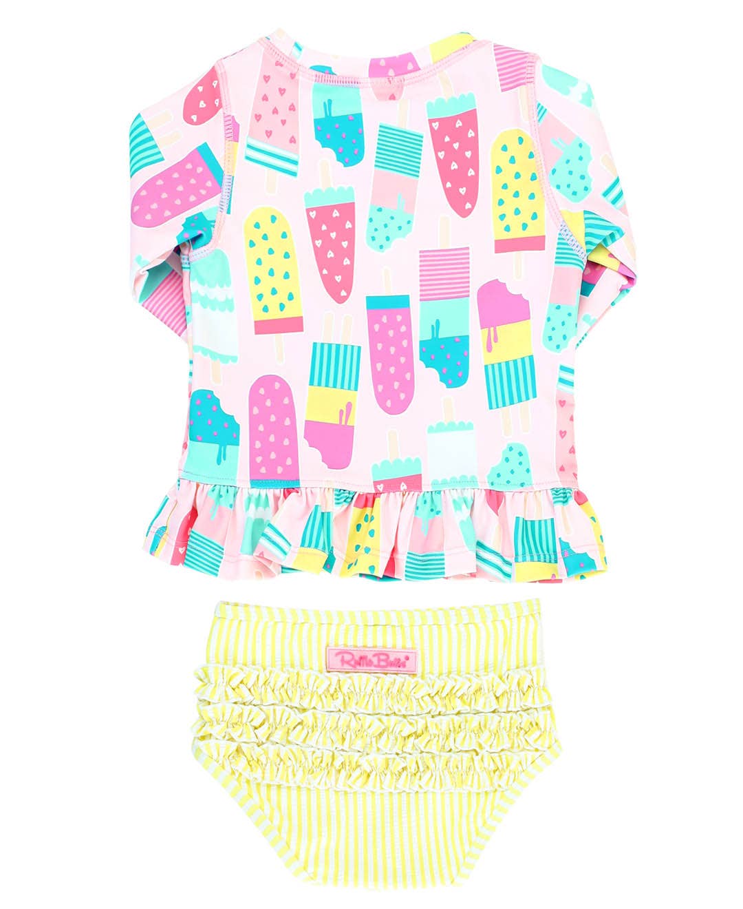Girls Ice Cream Social Long Sleeve Ruffle Hem Rash Guard 2-Piece Swimsuit with Signature Rear Ruffles