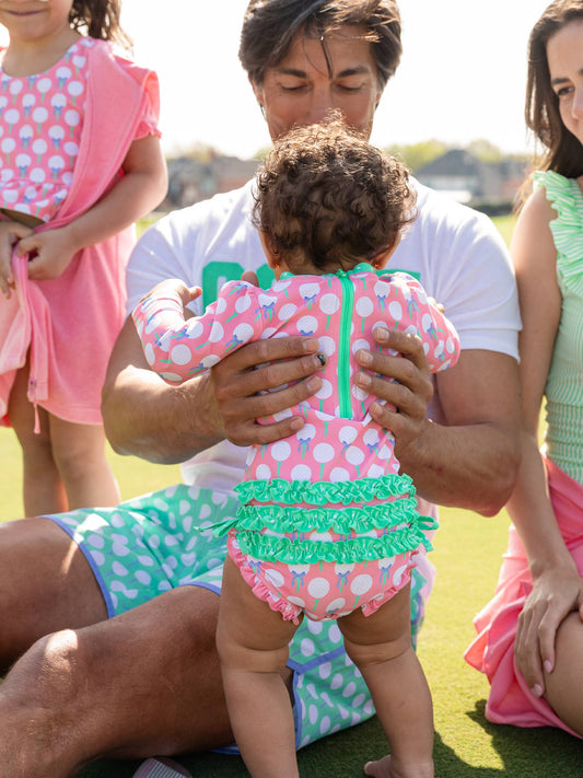 Baby Girls Pink Tee Time Long Sleeve One Piece Rash Guard Swimsuit with Signature Rear Ruffles