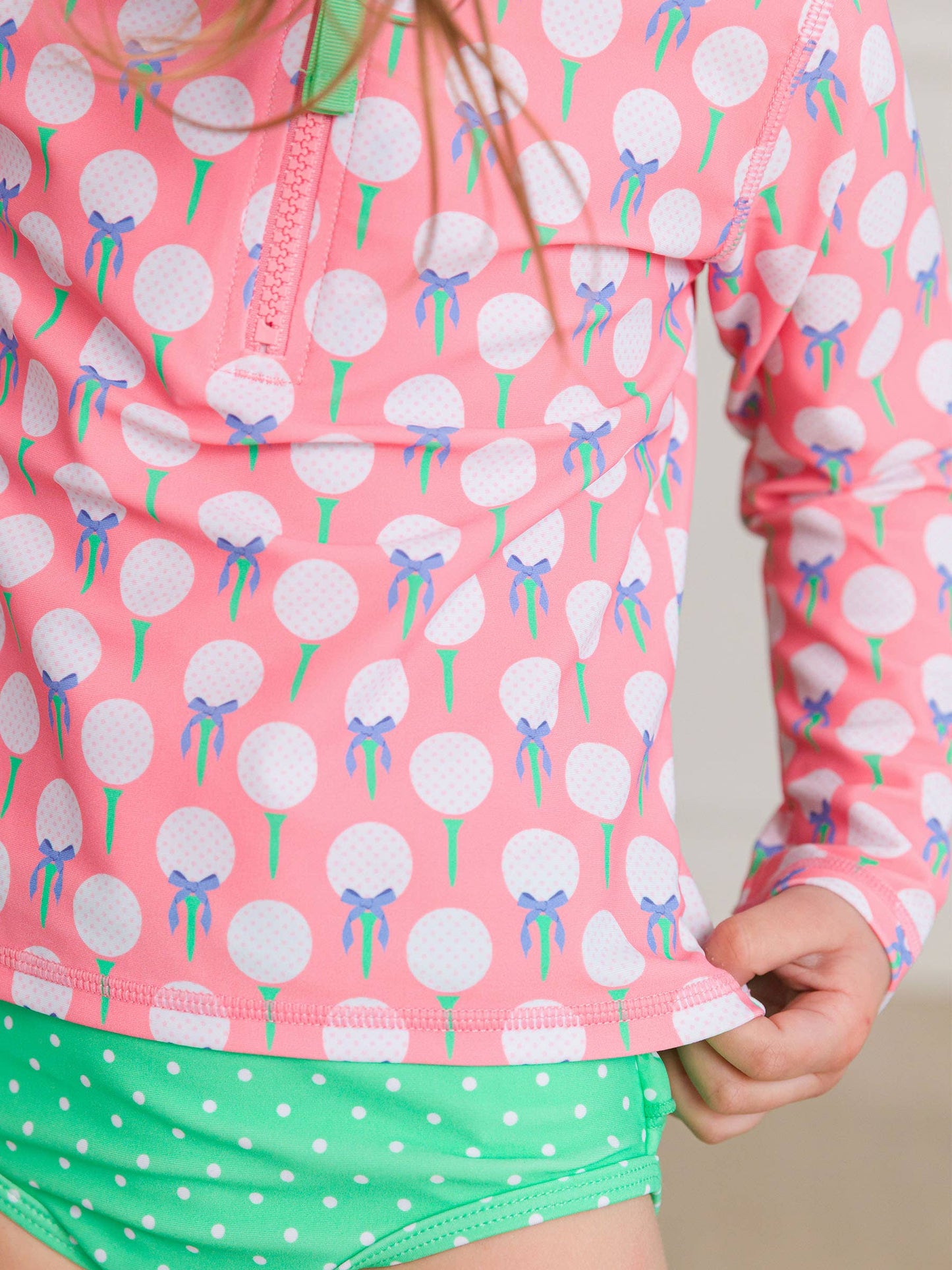 Girls Pink Tee Time Long Sleeve Zipper Rash Guard 2-Piece Swimsuit with Signature Rear Ruffles