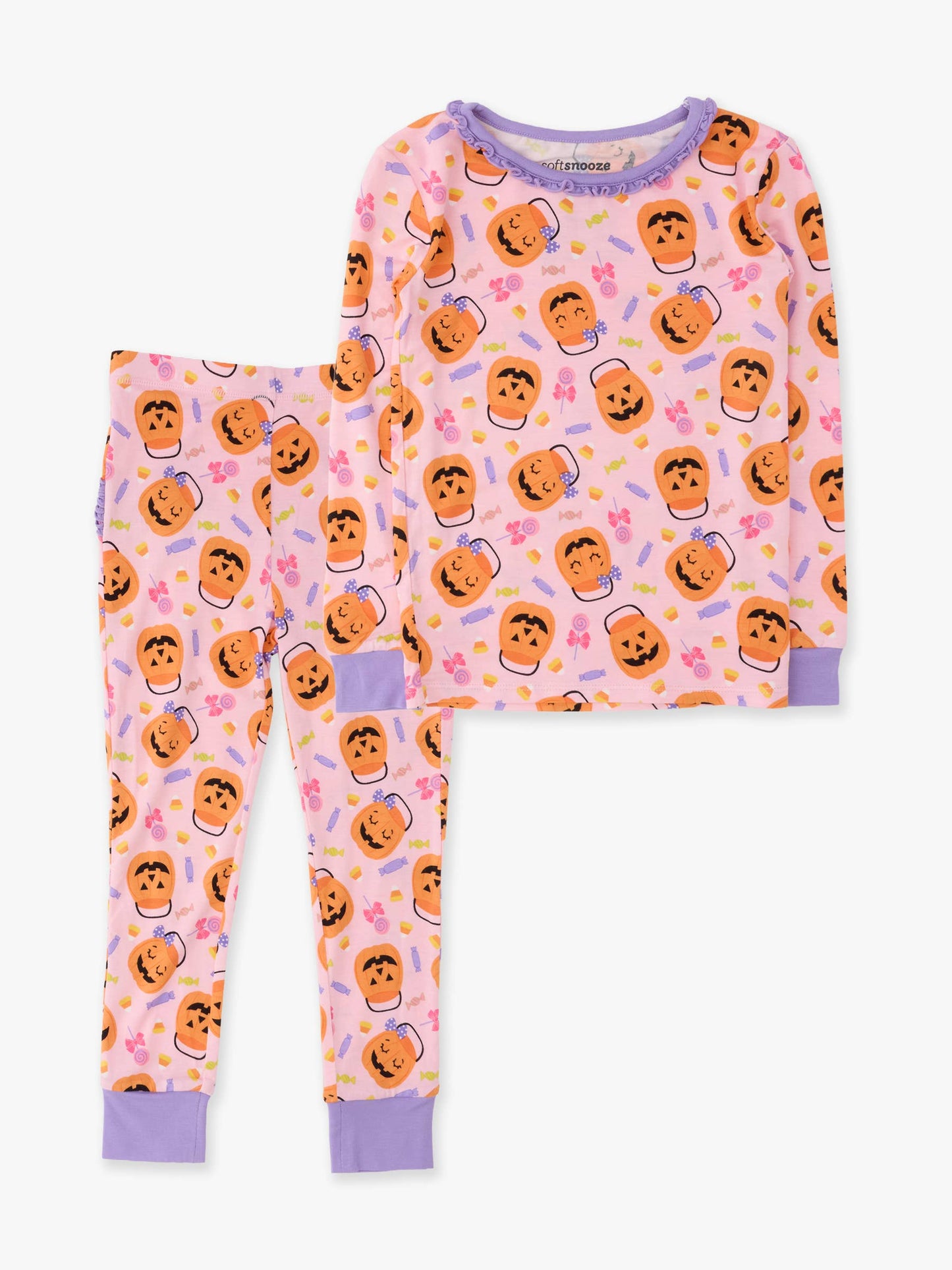 SoftSnooze™ Toddler Girls Bamboo Viscose Pumpkin Boo Crew Ruffle Long Sleeve Pajama Set with Signature Rear Ruffles