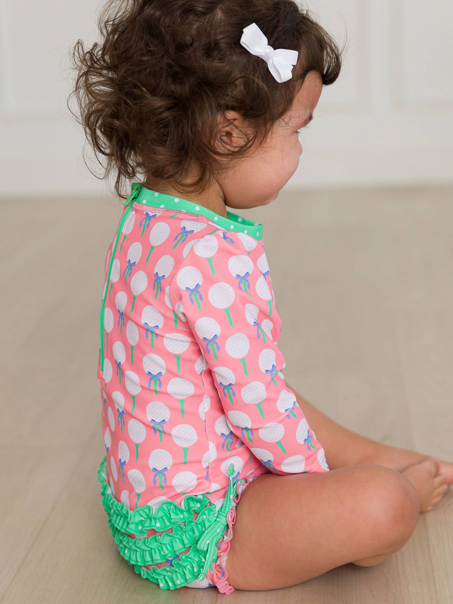 Baby Girls Pink Tee Time Long Sleeve One Piece Rash Guard Swimsuit with Signature Rear Ruffles